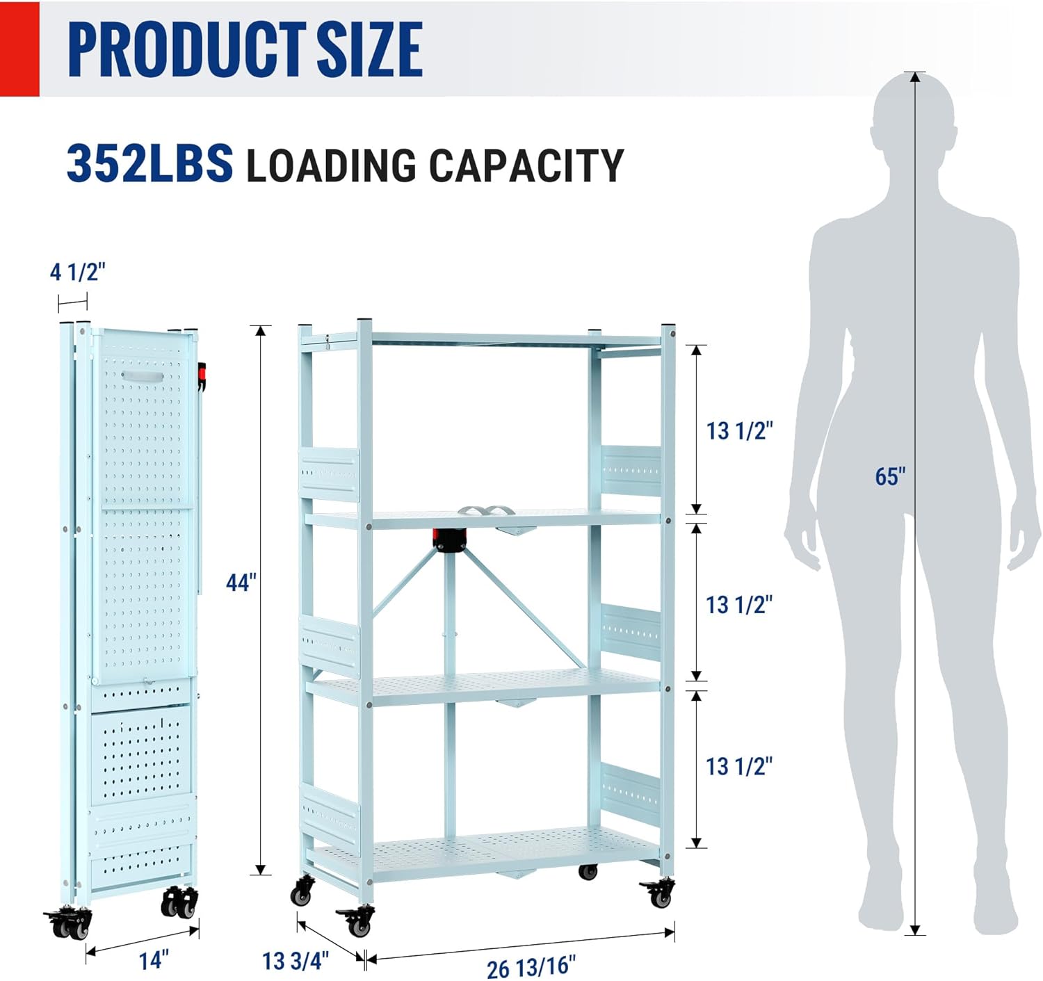 WORKPRO 4-Tier Folding Shelf, No-Assembly Metal Storage Rack with Wheels, 600 lbs Capacity (with Leveling Feet), Collapsible Shelving Unit for Kitchen, Pantry, Closet & Craft Shows - Blue - Image 3