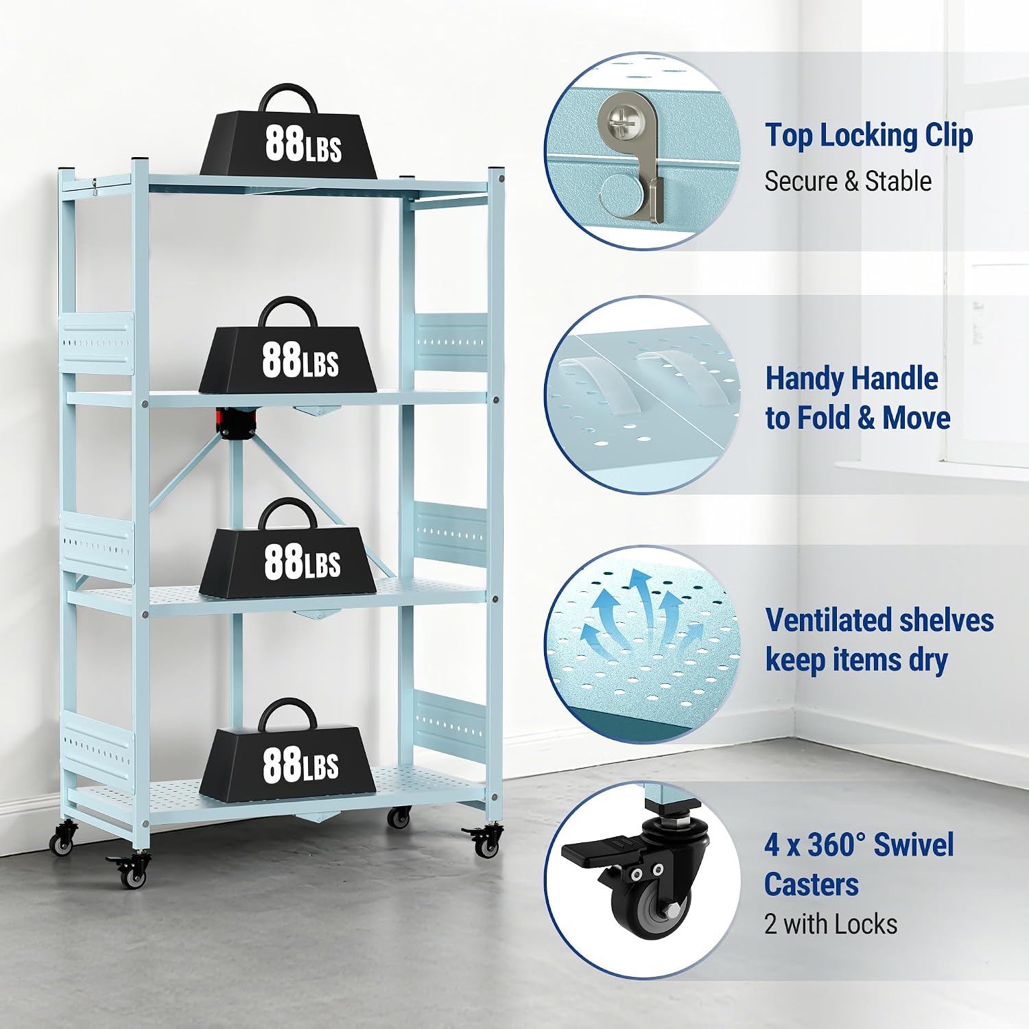 WORKPRO 4-Tier Folding Shelf, No-Assembly Metal Storage Rack with Wheels, 600 lbs Capacity (with Leveling Feet), Collapsible Shelving Unit for Kitchen, Pantry, Closet & Craft Shows - Blue - Image 9