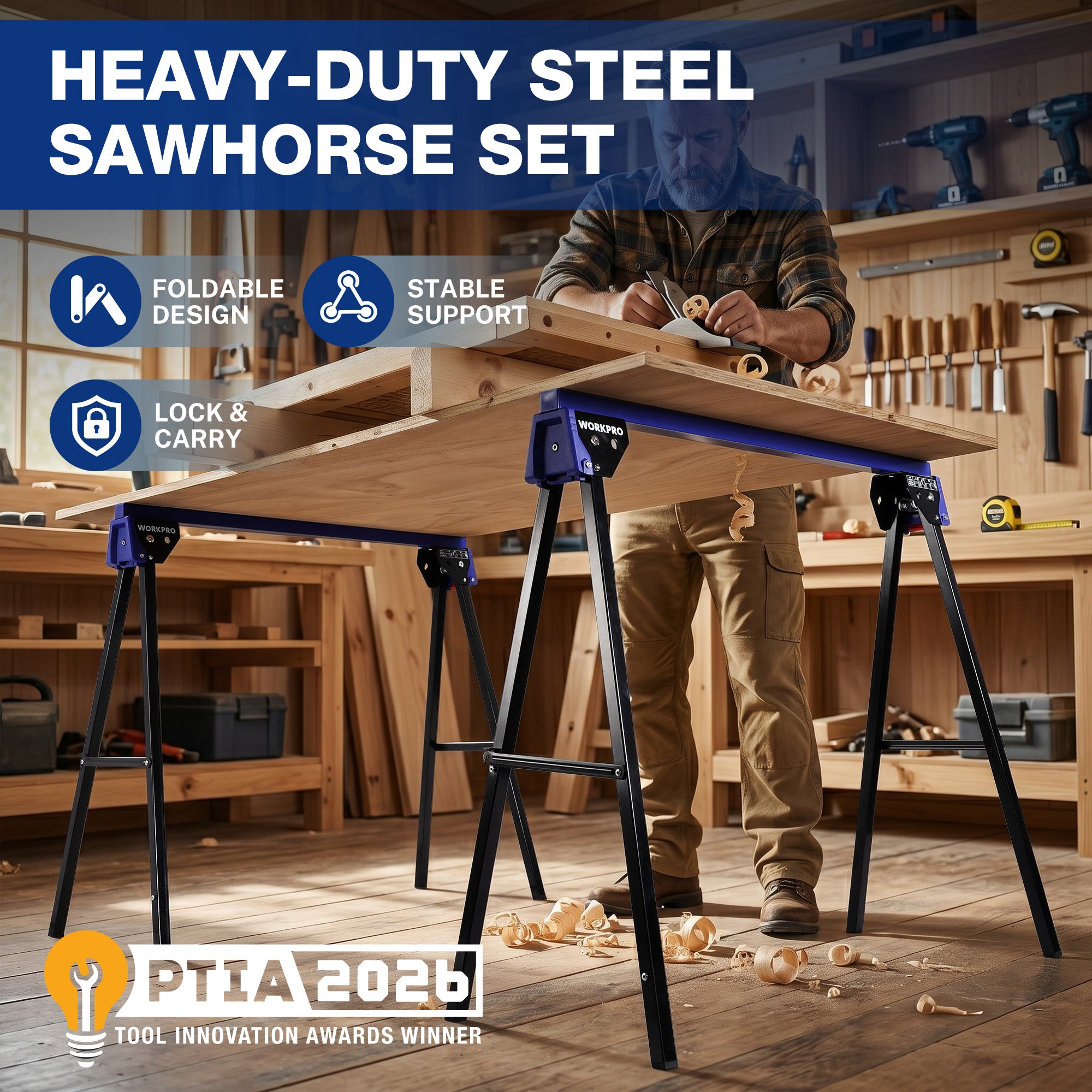 WORKPRO 2-Pack Heavy Duty Folding Sawhorses, 1800 lbs Load Capacity, Steel Sawhorse with Interlocking Design & Non-Slip Top for Workshop, Garage and Construction Projects - Image 2