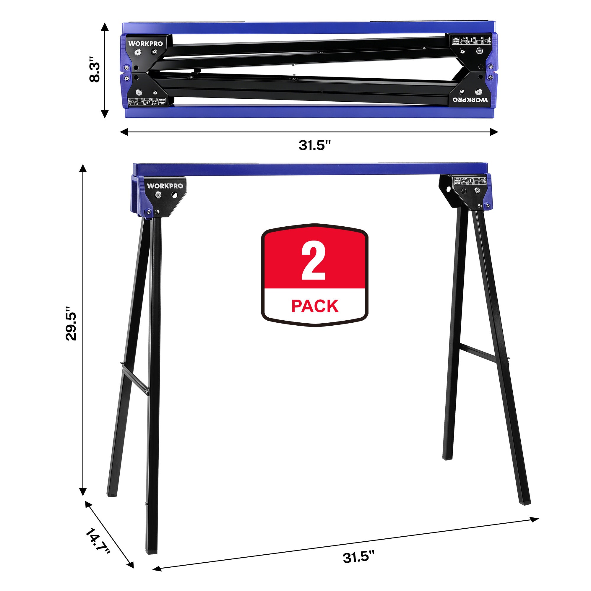 WORKPRO 2-Pack Heavy Duty Folding Sawhorses, 1800 lbs Load Capacity, Steel Sawhorse with Interlocking Design & Non-Slip Top for Workshop, Garage and Construction Projects - Image 3