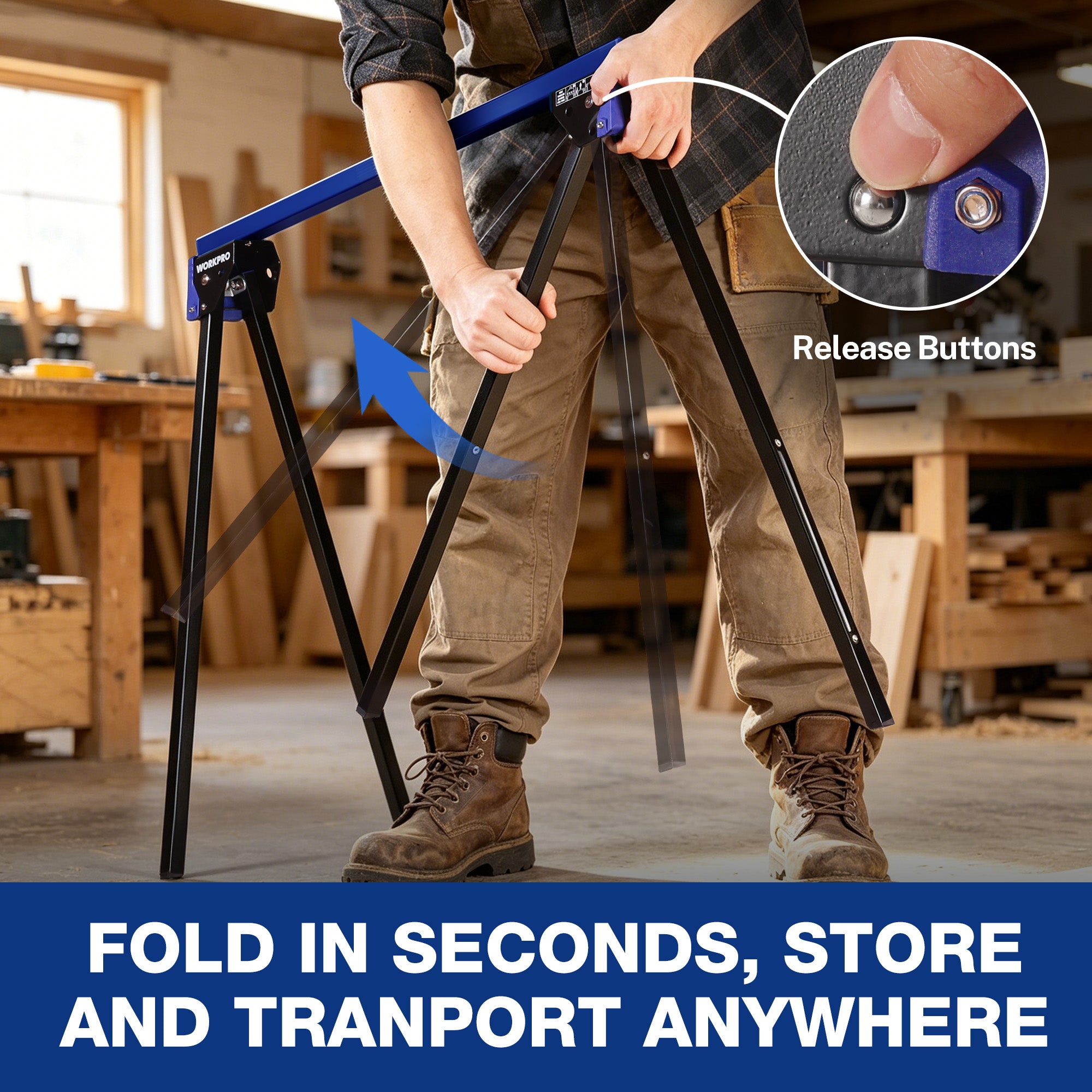 WORKPRO 2-Pack Heavy Duty Folding Sawhorses, 1800 lbs Load Capacity, Steel Sawhorse with Interlocking Design & Non-Slip Top for Workshop, Garage and Construction Projects - Image 4