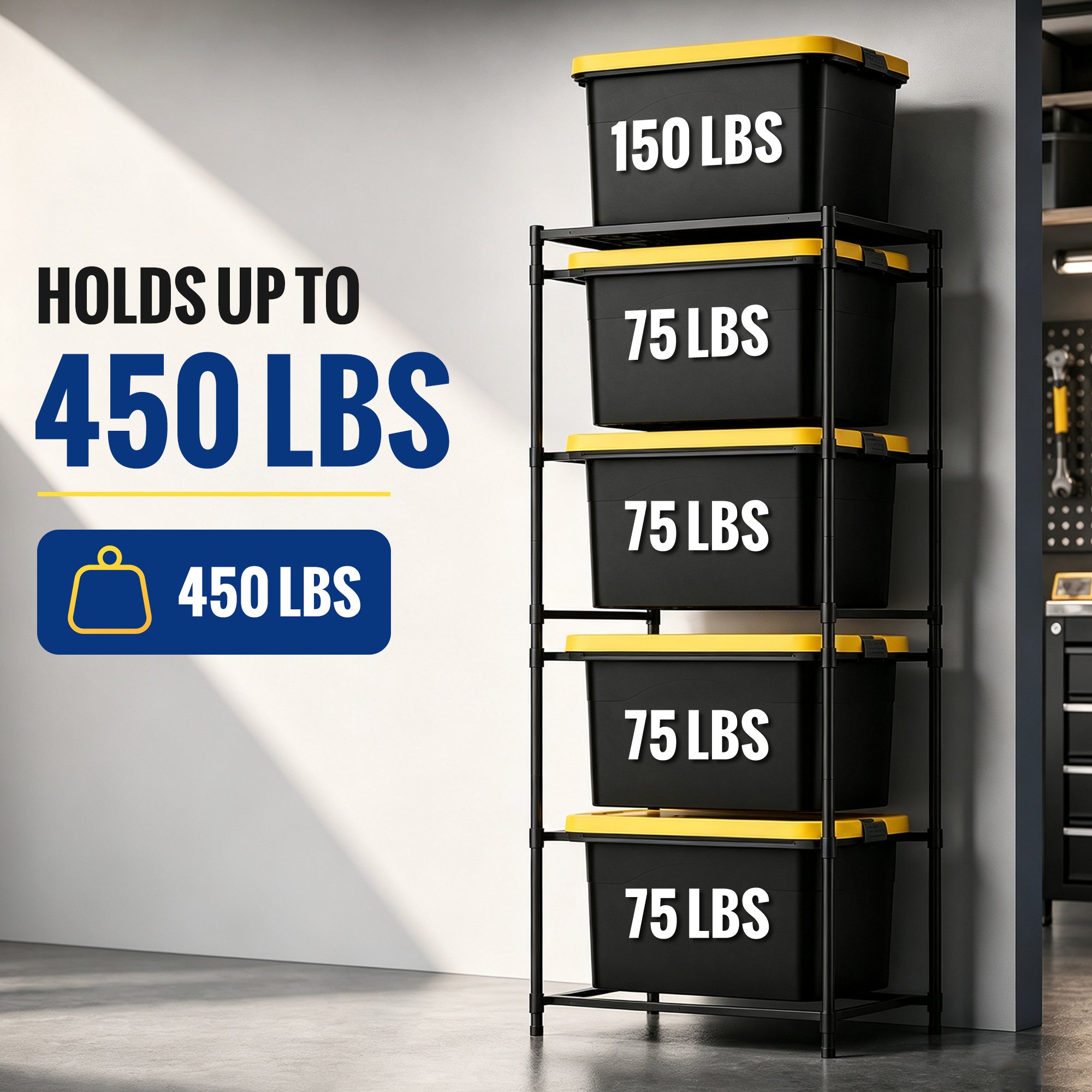 WORKPRO 2-Pack 5-Tier Heavy Duty Metal Storage Rack, Garage Shelving for Basement & Workshop, 450 lbs per Unit, 30.5" x 22.5" x 69", Black - Image 5