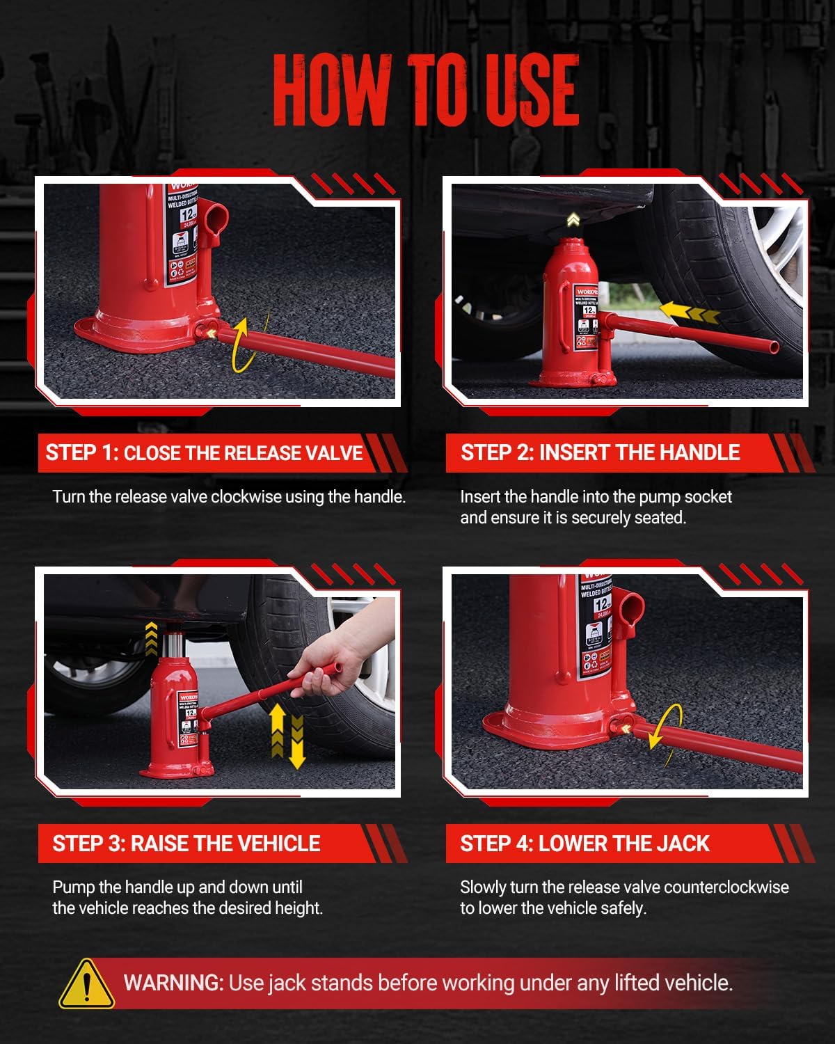 WORKPRO Bottle Jack, 12 Ton Heavy Duty Multi-Directional Welded Bottle Jack - Image 10
