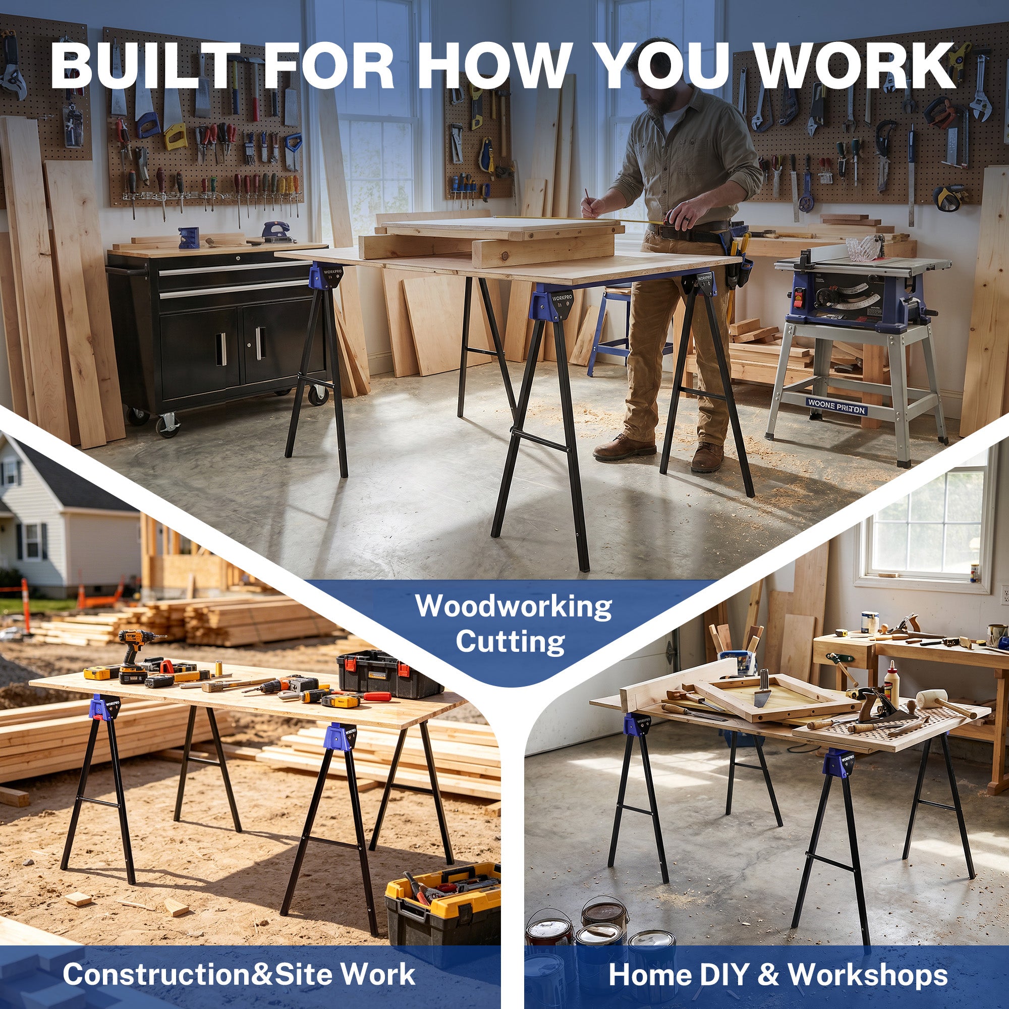 WORKPRO 2-Pack Heavy Duty Folding Sawhorses, 1800 lbs Load Capacity, Steel Sawhorse with Interlocking Design & Non-Slip Top for Workshop, Garage and Construction Projects - Image 7