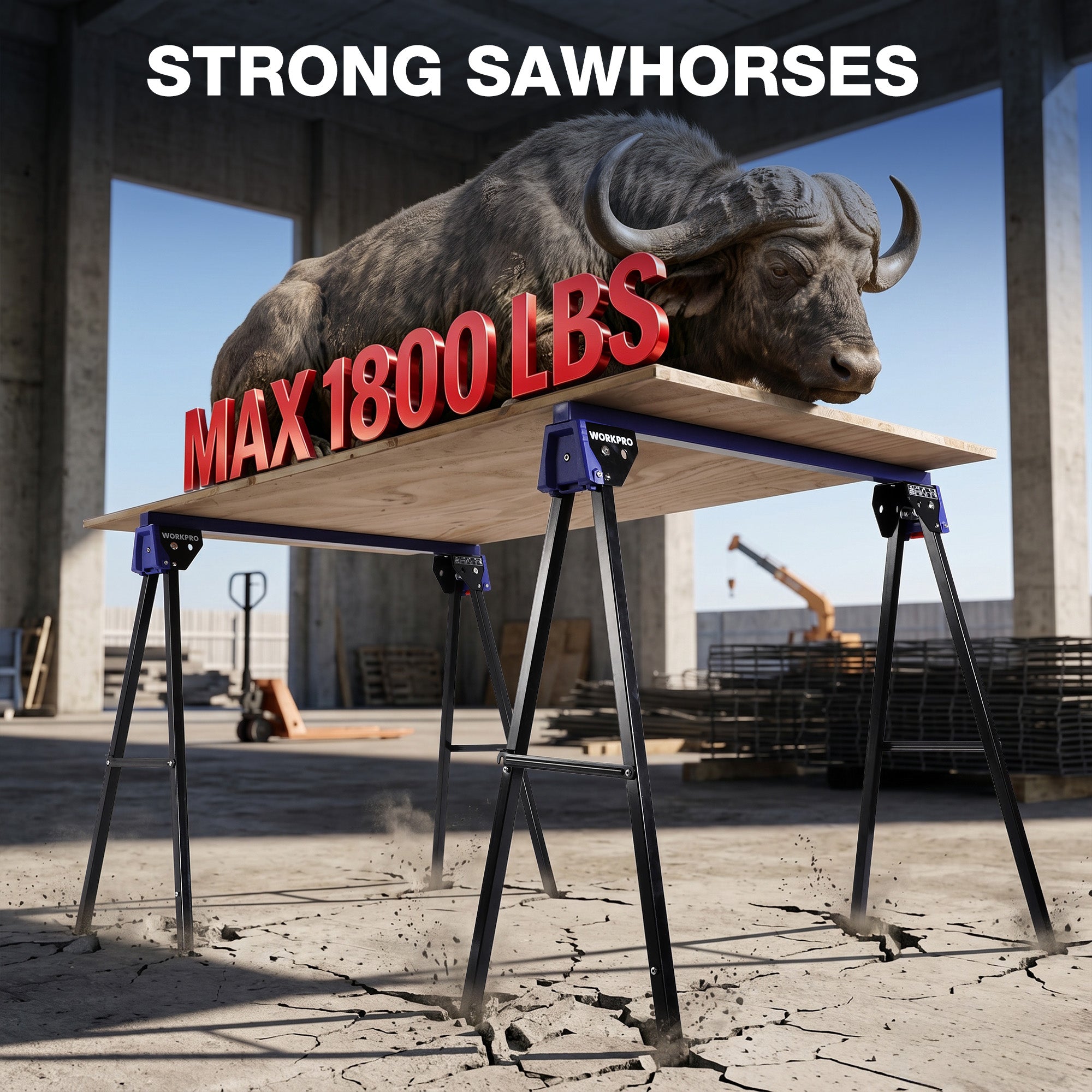 WORKPRO 2-Pack Heavy Duty Folding Sawhorses, 1800 lbs Load Capacity, Steel Sawhorse with Interlocking Design & Non-Slip Top for Workshop, Garage and Construction Projects - Image 8
