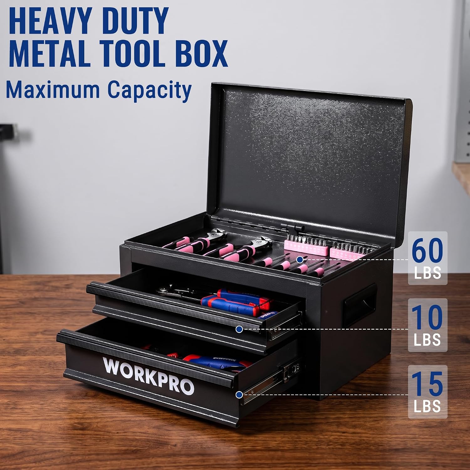 WORKPRO 15-Inch Metal Tool Box with 2 Drawers & Top Storage, Black - Image 3
