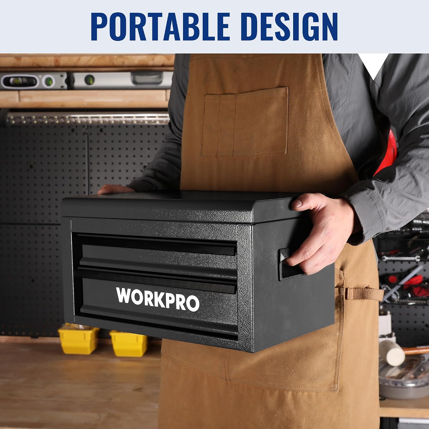 WORKPRO 15-Inch Metal Tool Box with 2 Drawers & Top Storage, Black - Image 6