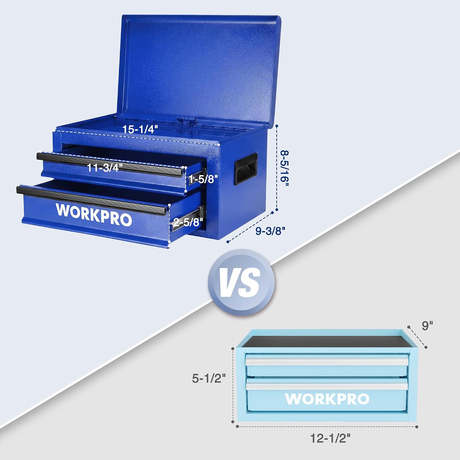 WORKPRO 15-Inch Metal Tool Box with 2 Drawers & Top Storage, Blue - Image 2