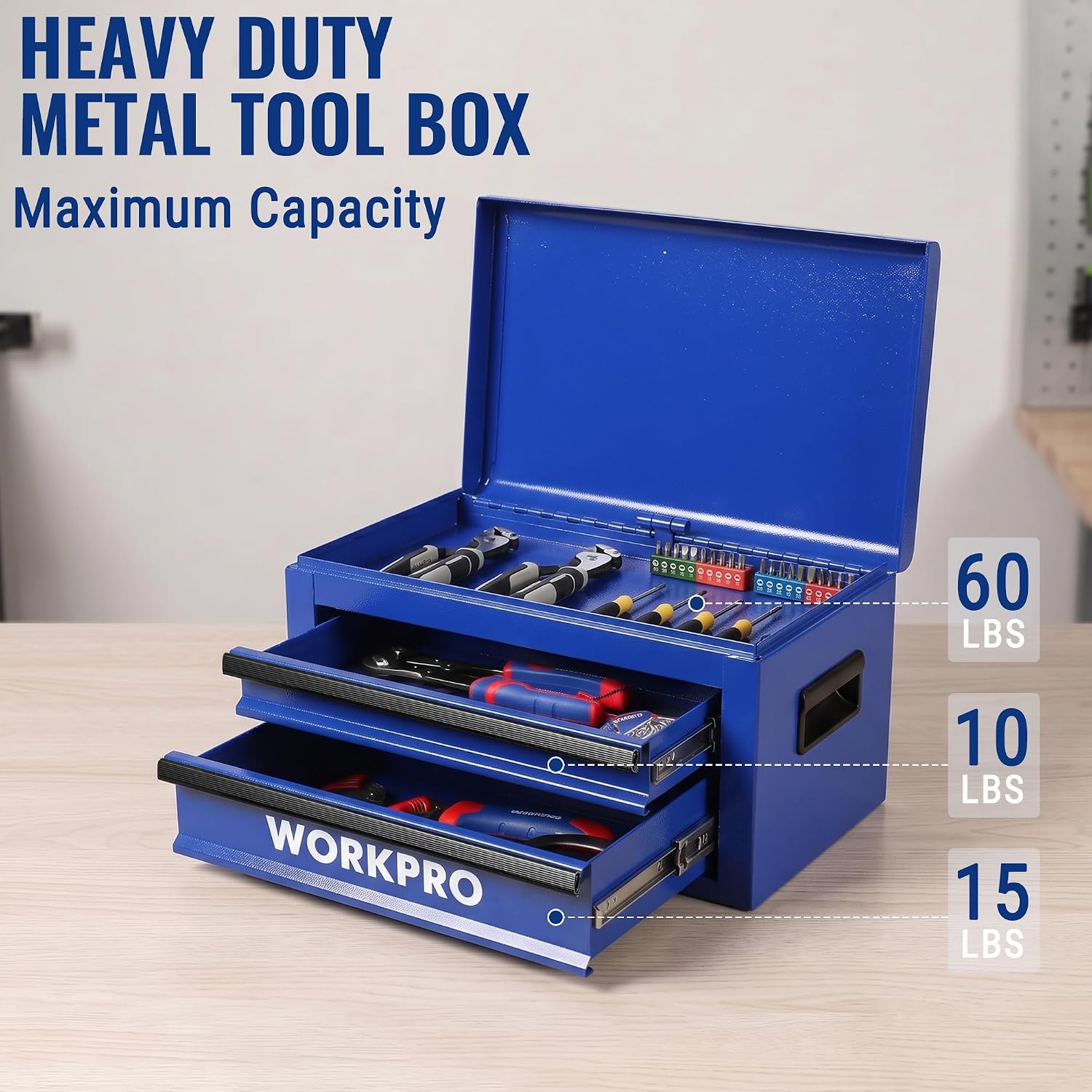 WORKPRO 15-Inch Metal Tool Box with 2 Drawers & Top Storage, Blue - Image 3
