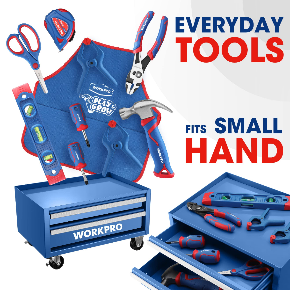 WORKPRO Beginner Kids Tool Set with 12 Inch Steel Tool Case on Wheels, Blue - Image 2