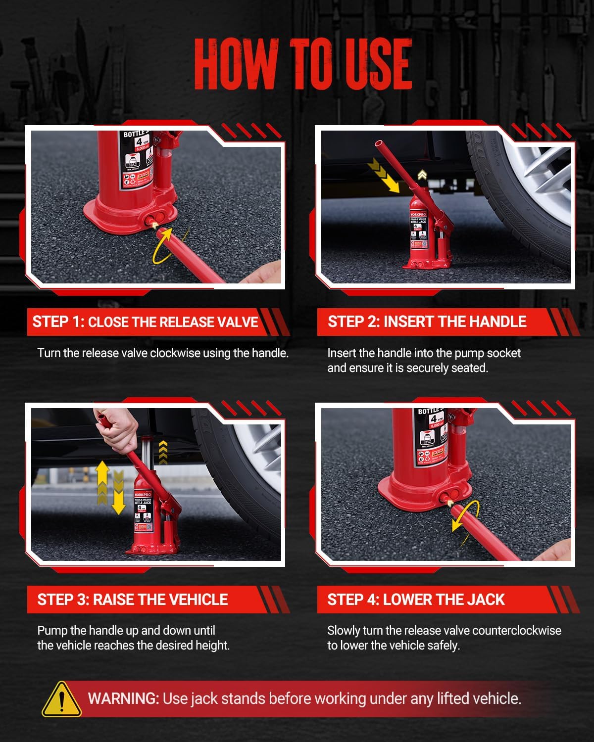 WORKPRO Bottle Jack, 4 Ton Heavy Duty Hydraulic Car Jack with Storage Case - Image 8