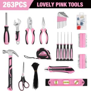 WORKPRO 263 Pcs Pink Tool Set with Wide Mouth Open Storage Bag - Pink Ribbon