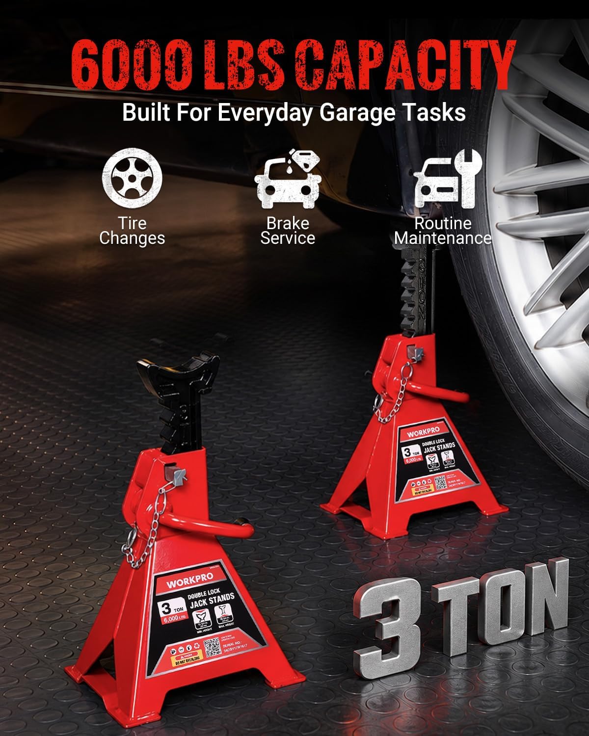 WORKPRO 3 Ton Jack Stands with Double Lock, 6000 LBS Capacity, 1 Pair - Image 2