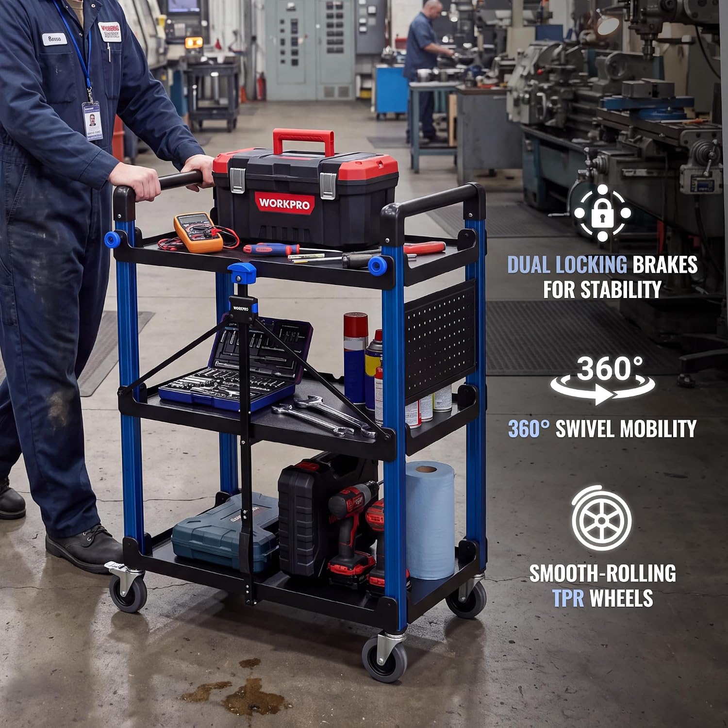 WORKPRO 3-Tier Heavy Duty Collapsible Service Cart-Blue and Black - Image 7