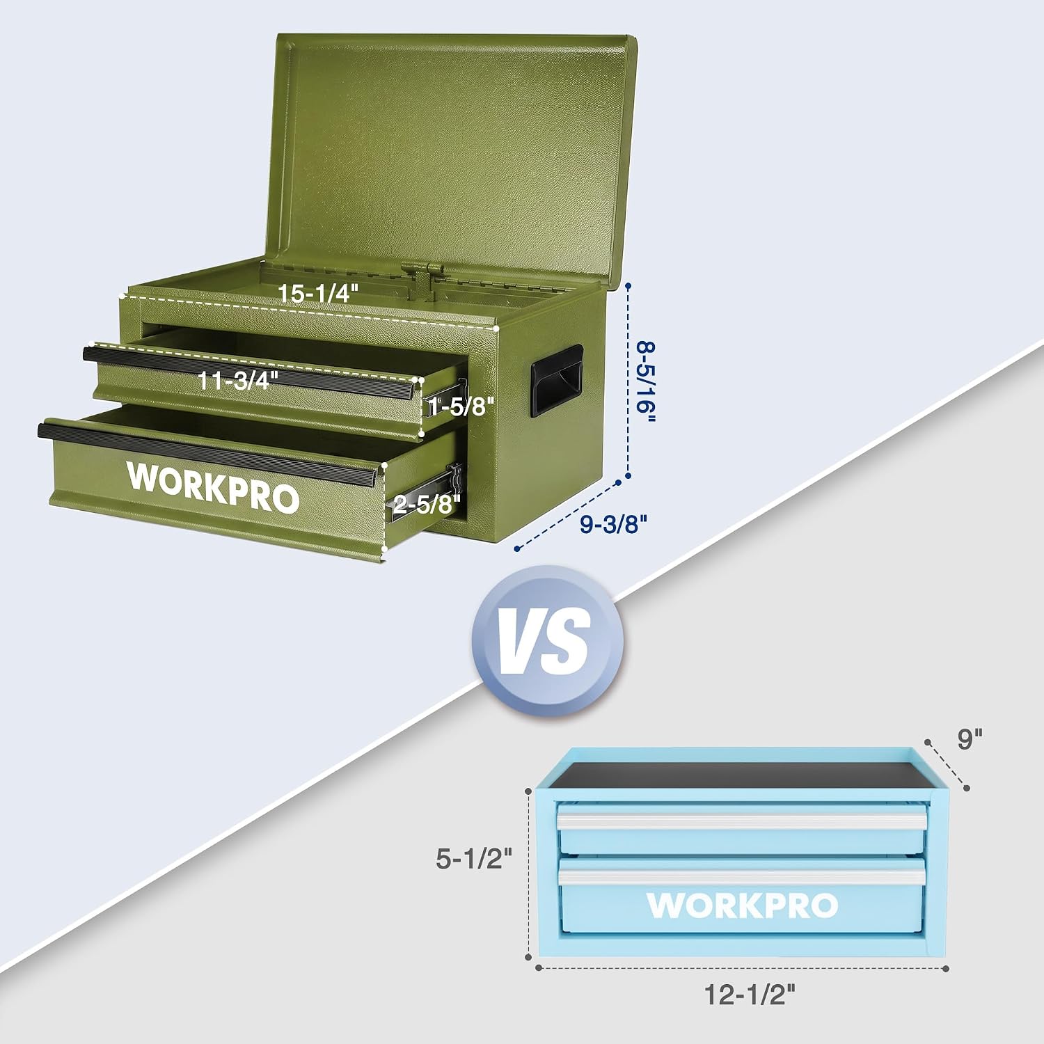WORKPRO 15-Inch Metal Tool Box with 2 Drawers & Top Storage, Green - Image 2