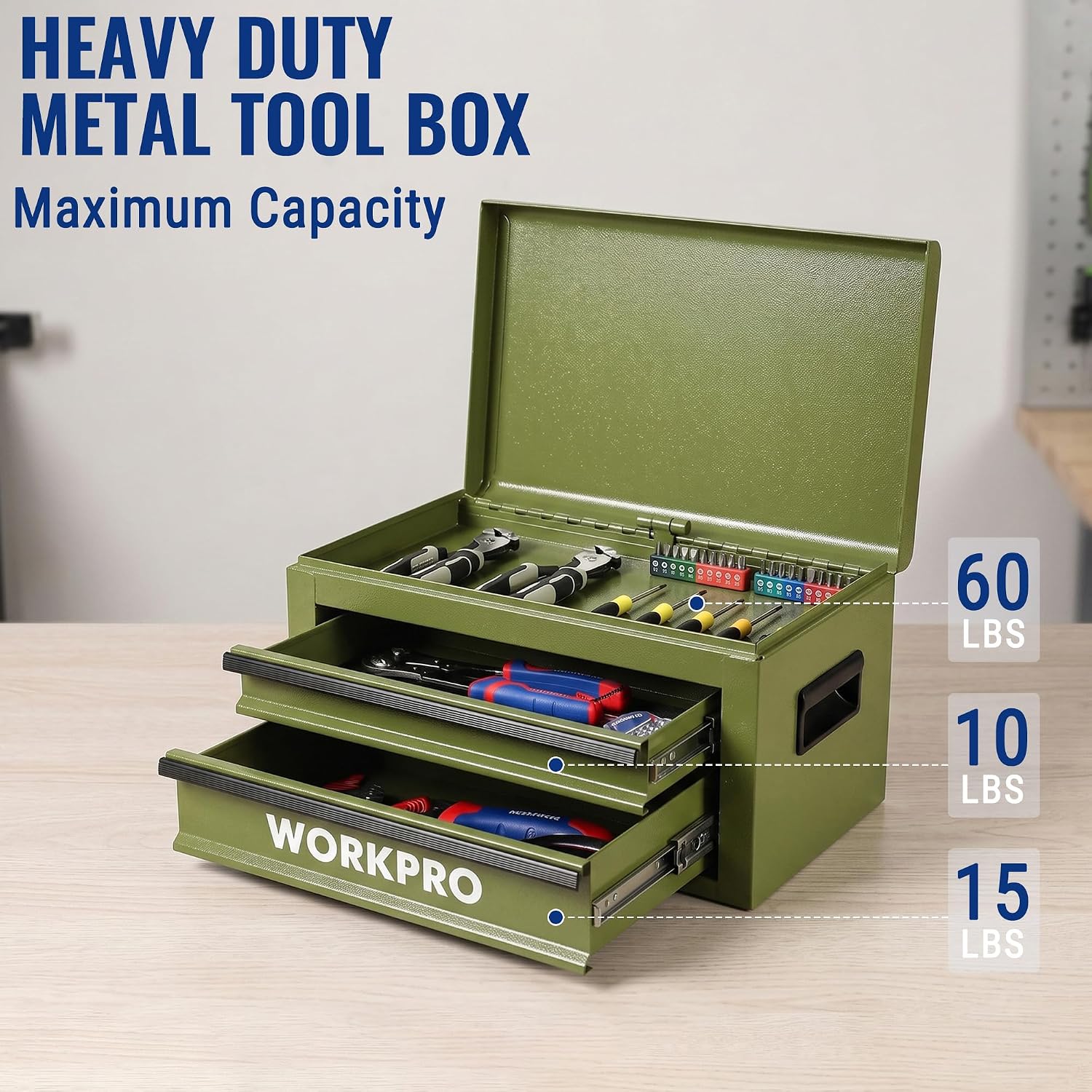 WORKPRO 15-Inch Metal Tool Box with 2 Drawers & Top Storage, Green - Image 3