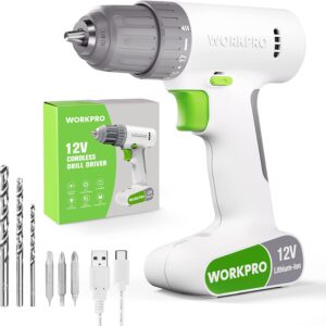 WORKPRO 12V Cordless Drill Driver Set with 6 Pcs Bits, 3/8-Inch Keyless Chuck, Variable Speed, 18 Touque Setting, White