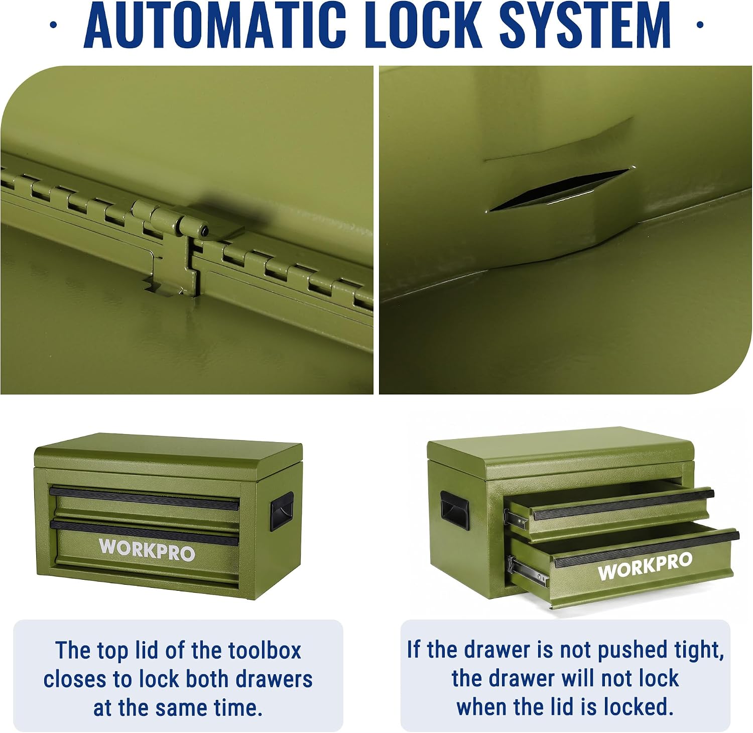 WORKPRO 15-Inch Metal Tool Box with 2 Drawers & Top Storage, Green - Image 4