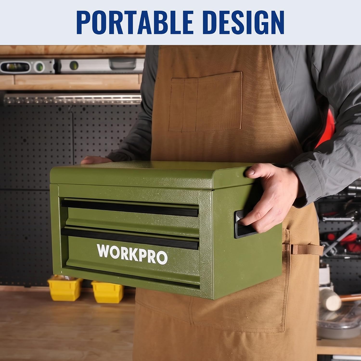 WORKPRO 15-Inch Metal Tool Box with 2 Drawers & Top Storage, Green - Image 6