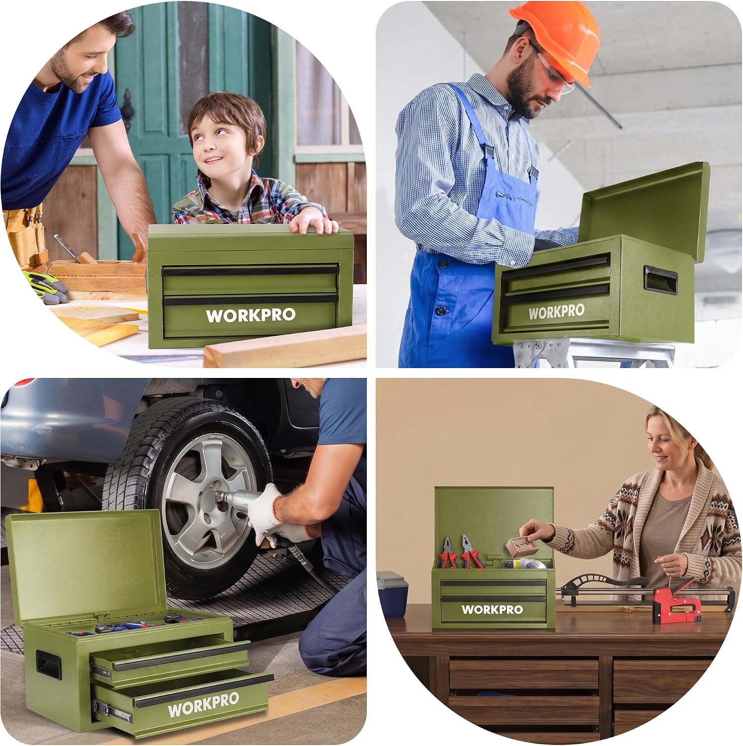 WORKPRO 15-Inch Metal Tool Box with 2 Drawers & Top Storage, Green - Image 7