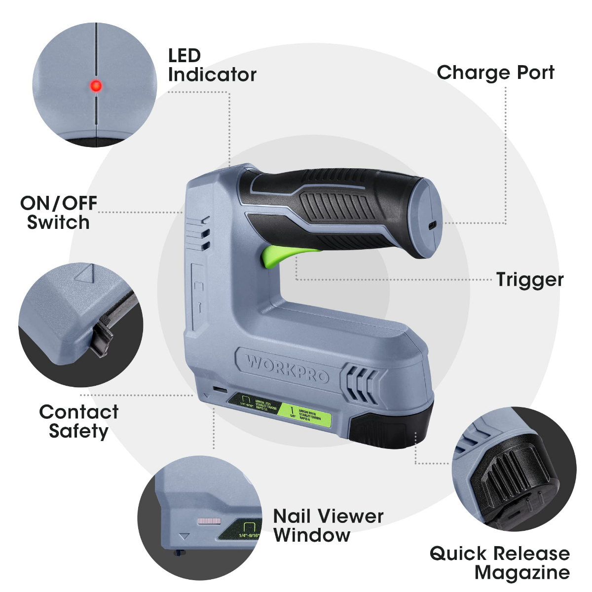 WORKPRO 3.6V 2.0Ah Battery Powered Electric Cordless 2-in-1 Staple and Nail Gun, Grey - Image 2