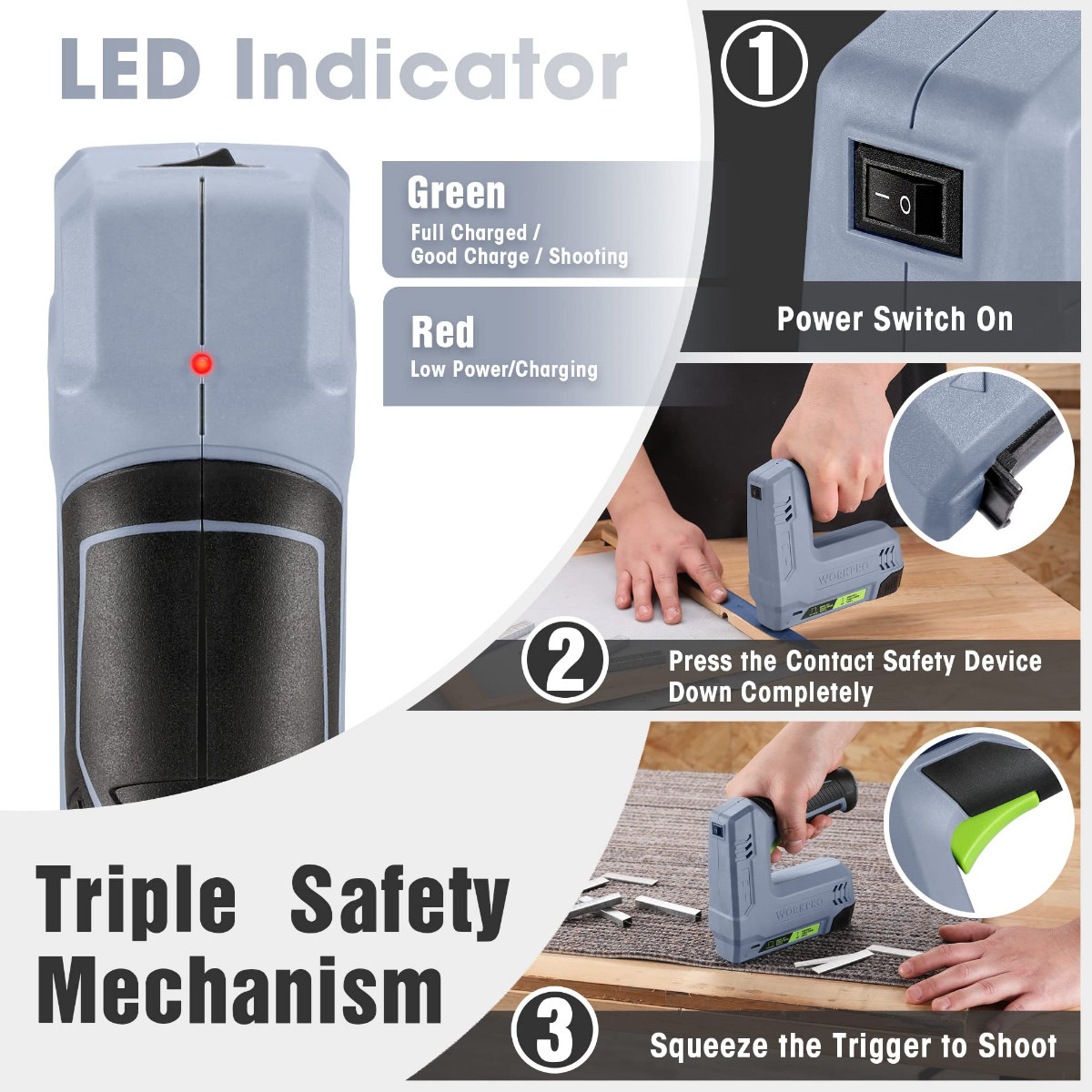 WORKPRO 3.6V 2.0Ah Battery Powered Electric Cordless 2-in-1 Staple and Nail Gun, Grey - Image 3