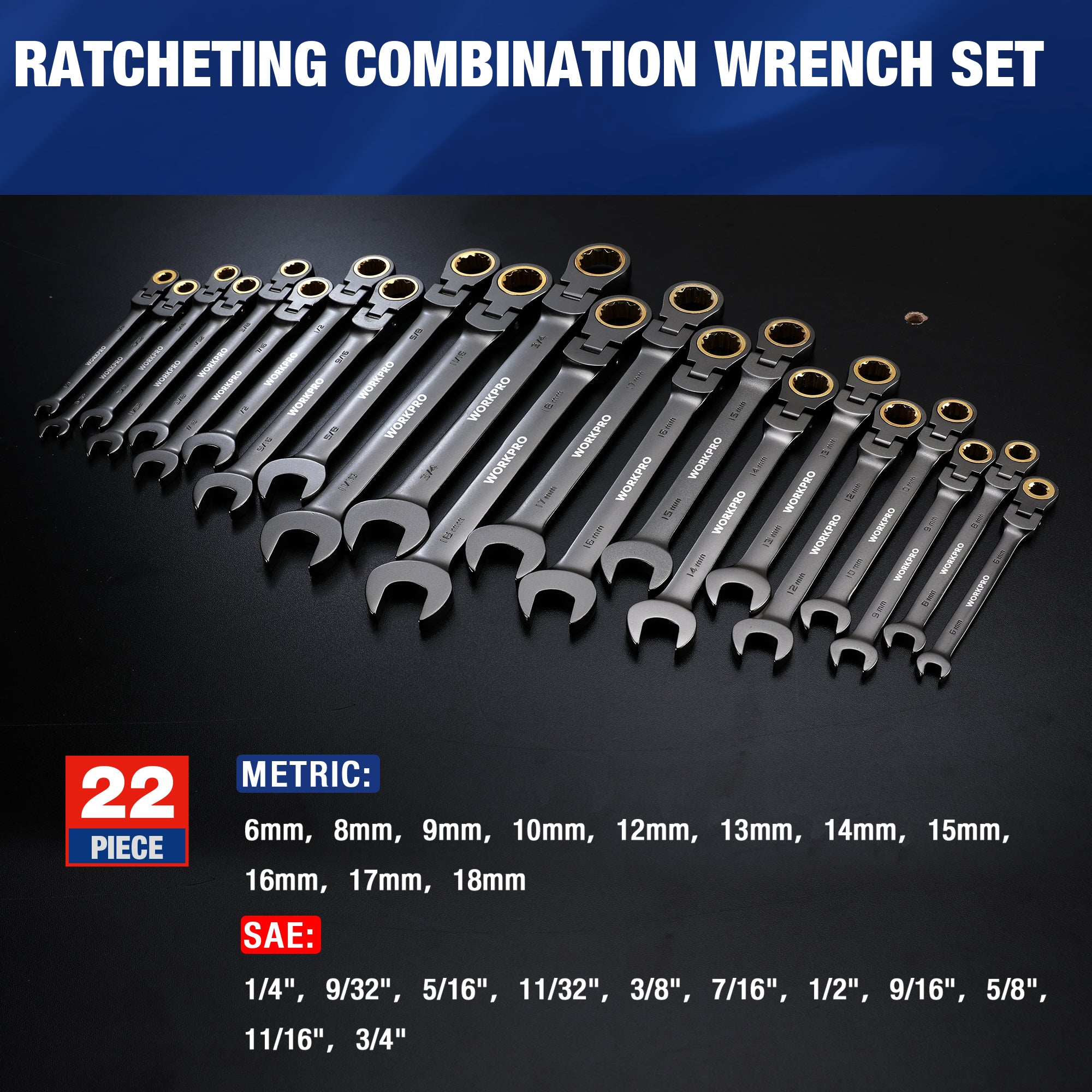 WORKPRO 22-Piece Flex-Head Ratcheting Wrench Set with Organizer Box, 72 Teeth, Metric 6-18mm & SAE 1/4-3/4" - Image 5