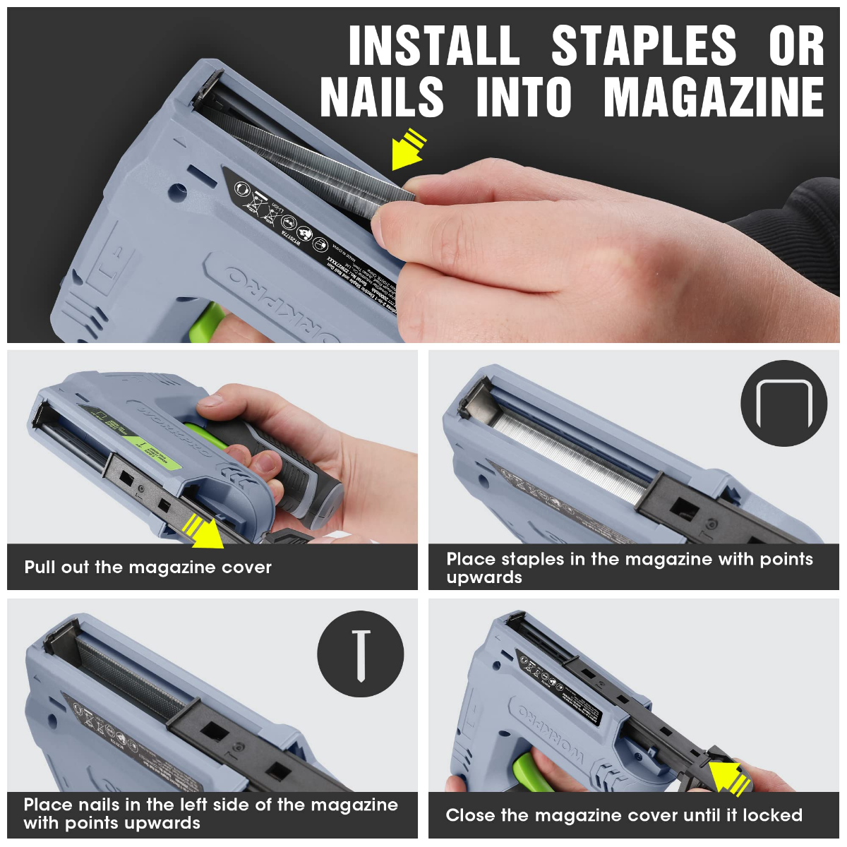 WORKPRO 3.6V 2.0Ah Battery Powered Electric Cordless 2-in-1 Staple and Nail Gun, Grey - Image 5