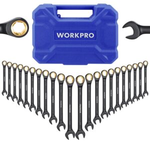 WORKPRO 22-piece Regular Ratcheting Wrench Set Anti-Slip Tooth with Organizer Box, Metric 6-18mm & SAE 1/4-3/4"