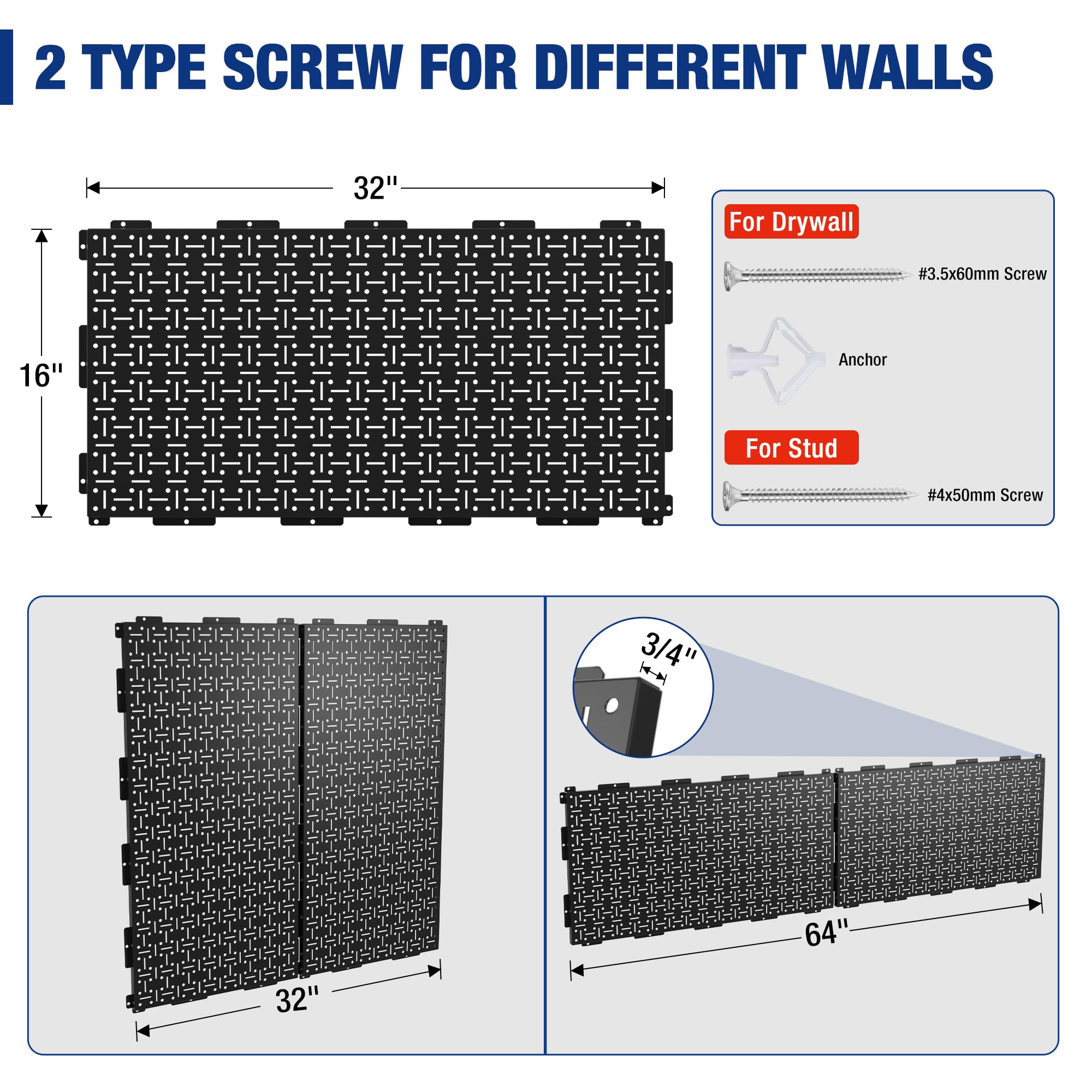 WORKPRO 3 Pack 16"x32" Black Metal Steel Panel Garage Wall Pegboard Organizer - Image 5