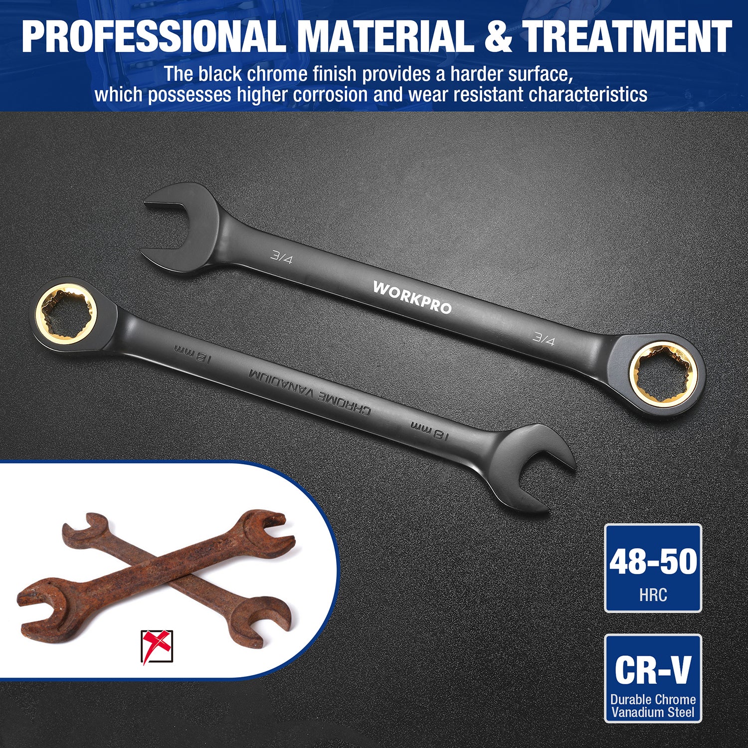 WORKPRO 22-piece Regular Ratcheting Wrench Set Anti-Slip Tooth with Organizer Box, Metric 6-18mm & SAE 1/4-3/4" - Image 6