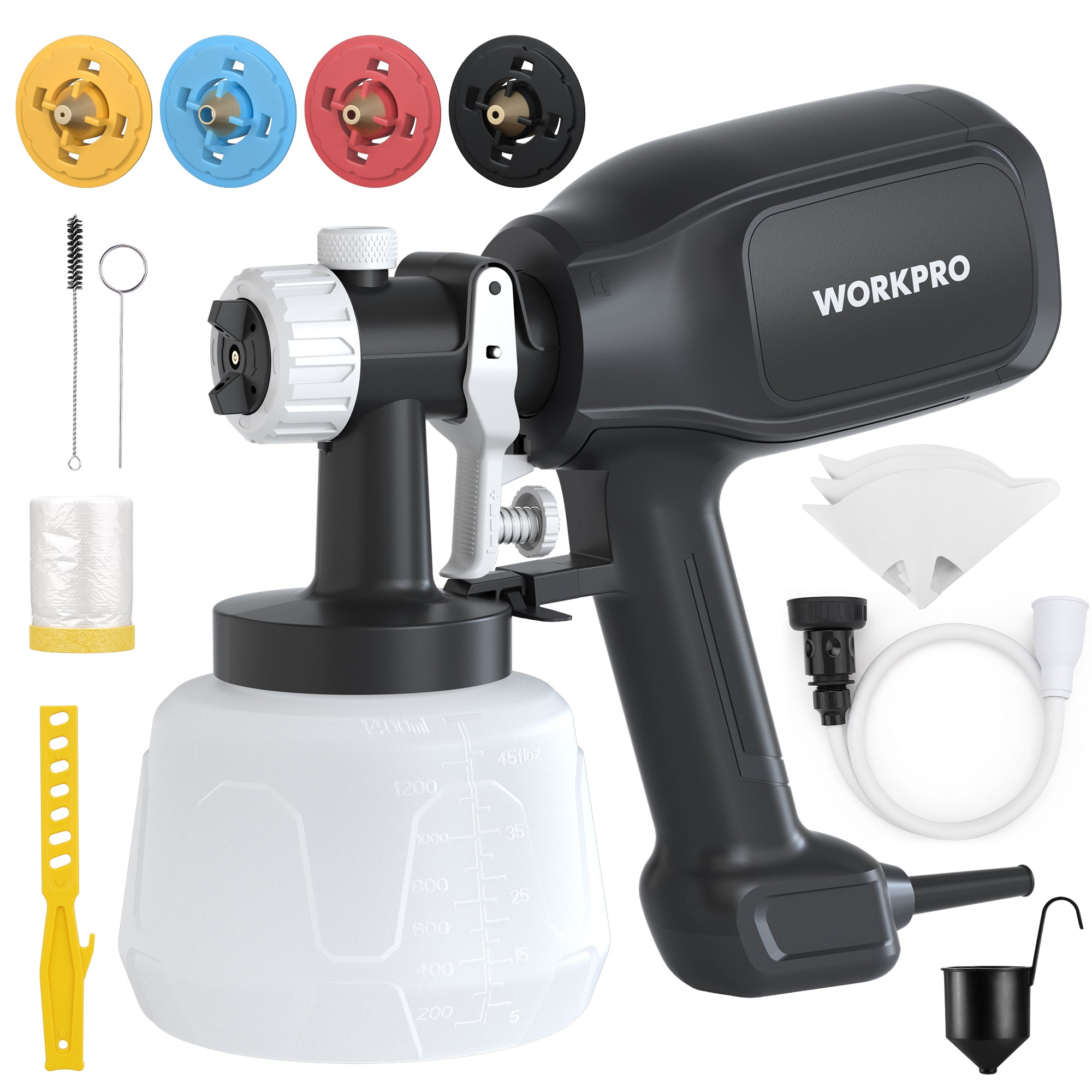 WORKPRO Paint Sprayer, 800W HVLP Spray Gun with 4 Nozzles & 3 Patterns | Large 1300ml Container, Adjustable Flow Control, Easy to Clean, for Furniture, Cabinets, Walls, Fences, Doors & DIY Projects