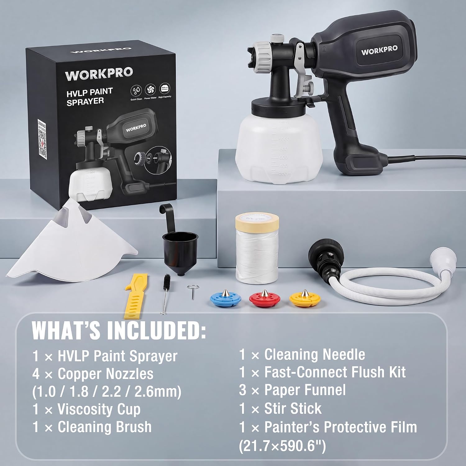 WORKPRO Paint Sprayer, 800W HVLP Spray Gun with 4 Nozzles & 3 Patterns | Large 1300ml Container, Adjustable Flow Control, Easy to Clean, for Furniture, Cabinets, Walls, Fences, Doors & DIY Projects - Image 5