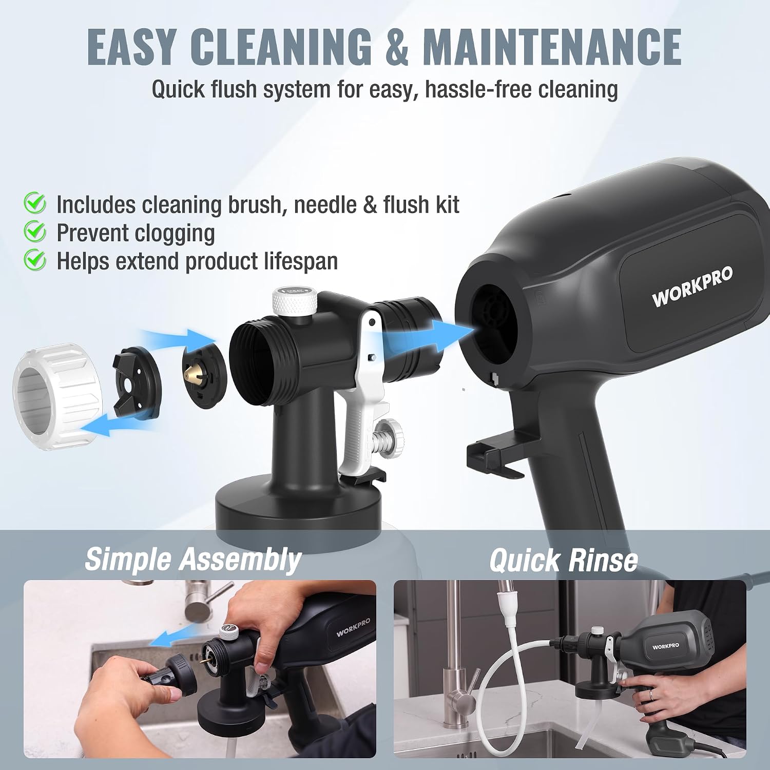 WORKPRO Paint Sprayer, 800W HVLP Spray Gun with 4 Nozzles & 3 Patterns | Large 1300ml Container, Adjustable Flow Control, Easy to Clean, for Furniture, Cabinets, Walls, Fences, Doors & DIY Projects - Image 6