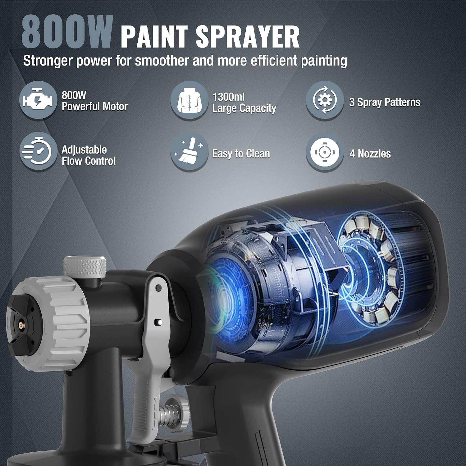 WORKPRO Paint Sprayer, 800W HVLP Spray Gun with 4 Nozzles & 3 Patterns | Large 1300ml Container, Adjustable Flow Control, Easy to Clean, for Furniture, Cabinets, Walls, Fences, Doors & DIY Projects - Image 7