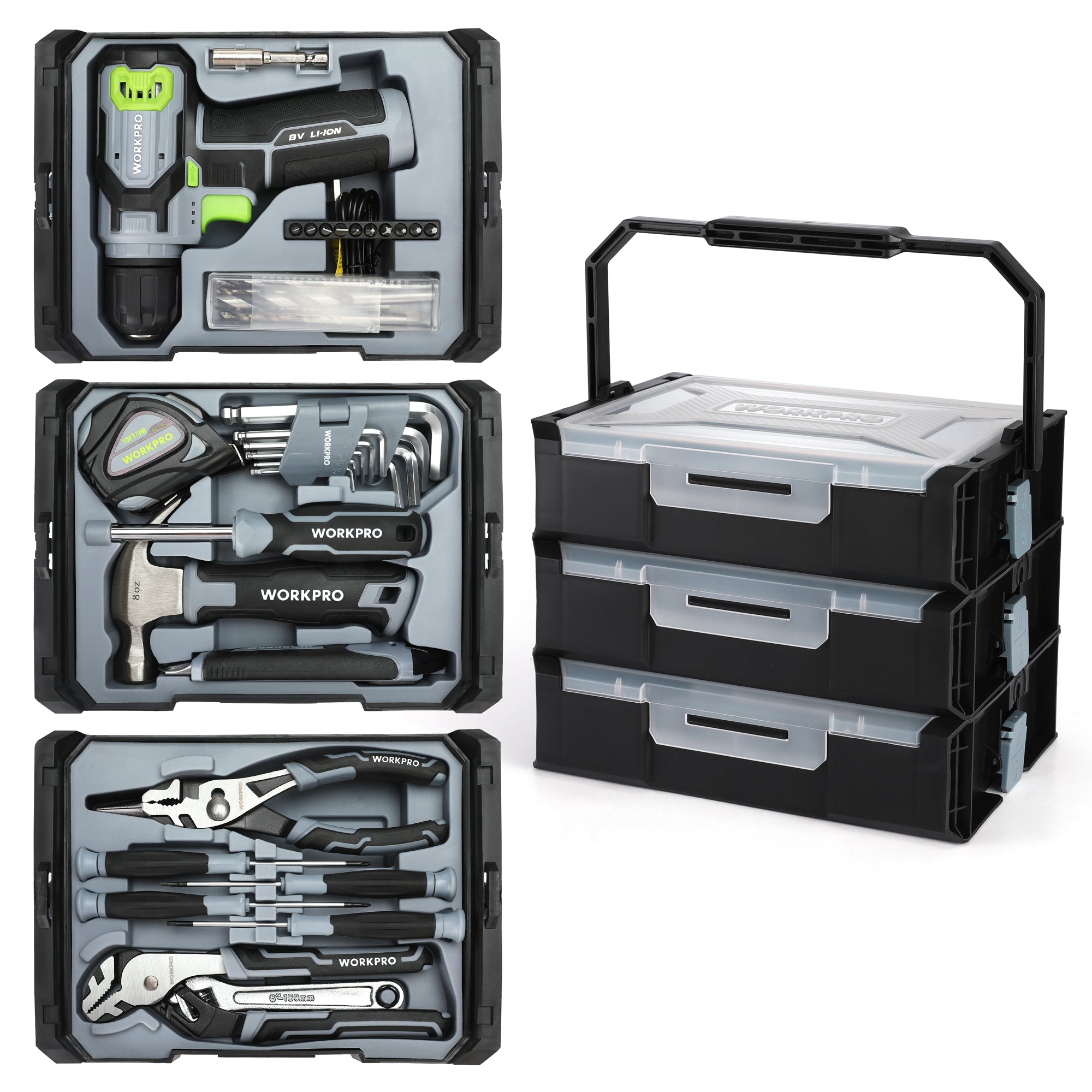 WORKPRO 43-Piece Cordless 8V Drill Driver Home Tool Set with Stackable Tool Box, Grey - Image 2