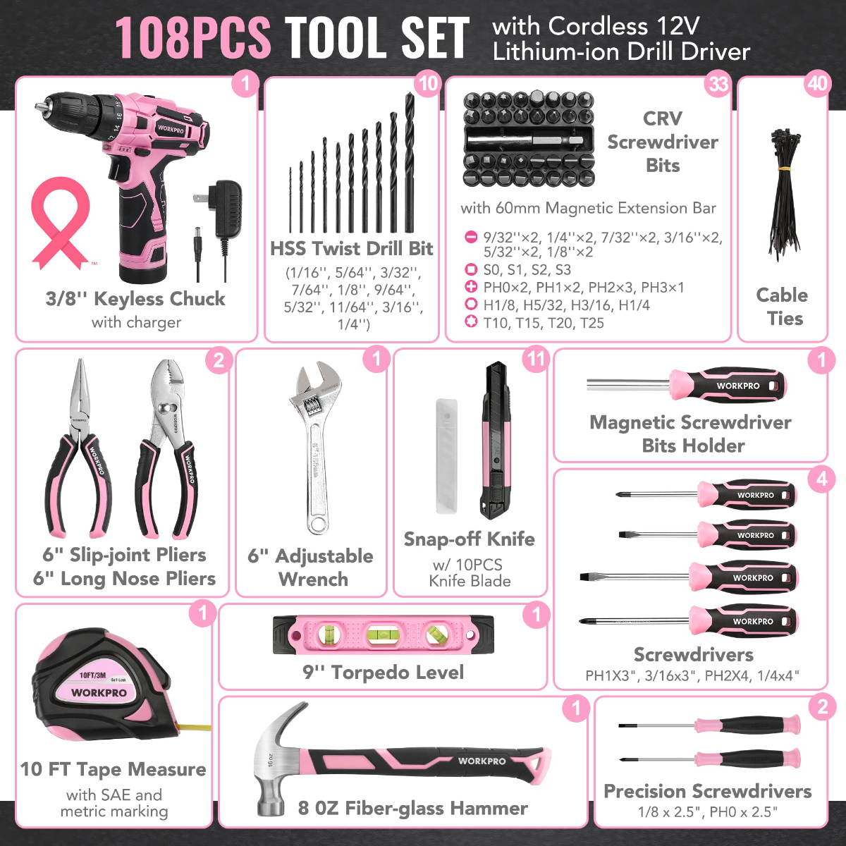 WORKPRO 108-Piece Portable Tool Set with Power Drill - Pink Ribbon - Image 2