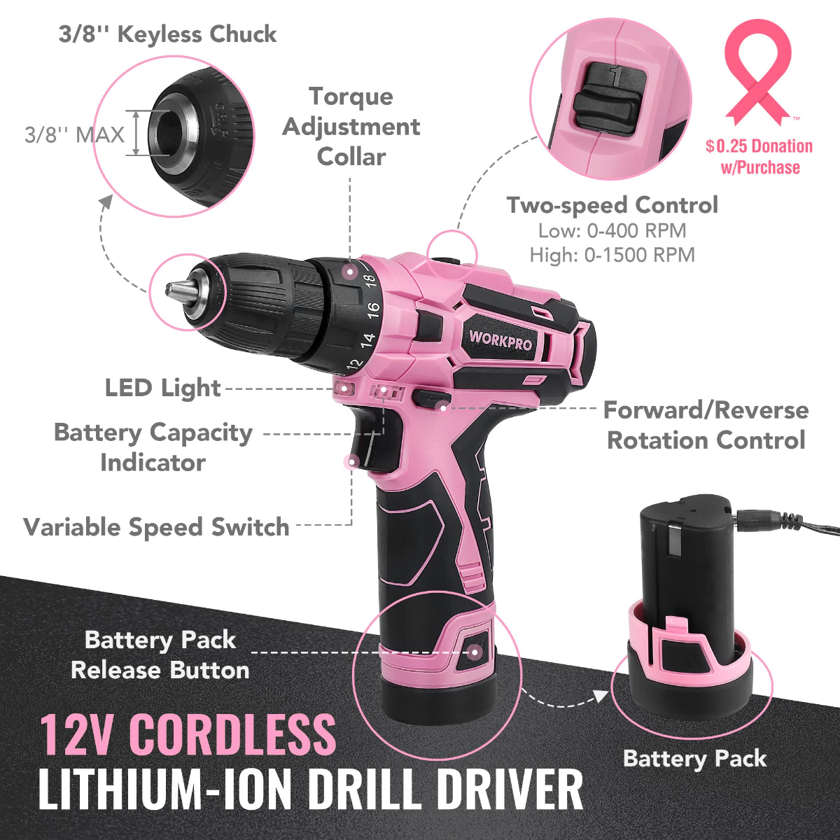 WORKPRO 108-Piece Portable Tool Set with Power Drill - Pink Ribbon - Image 3
