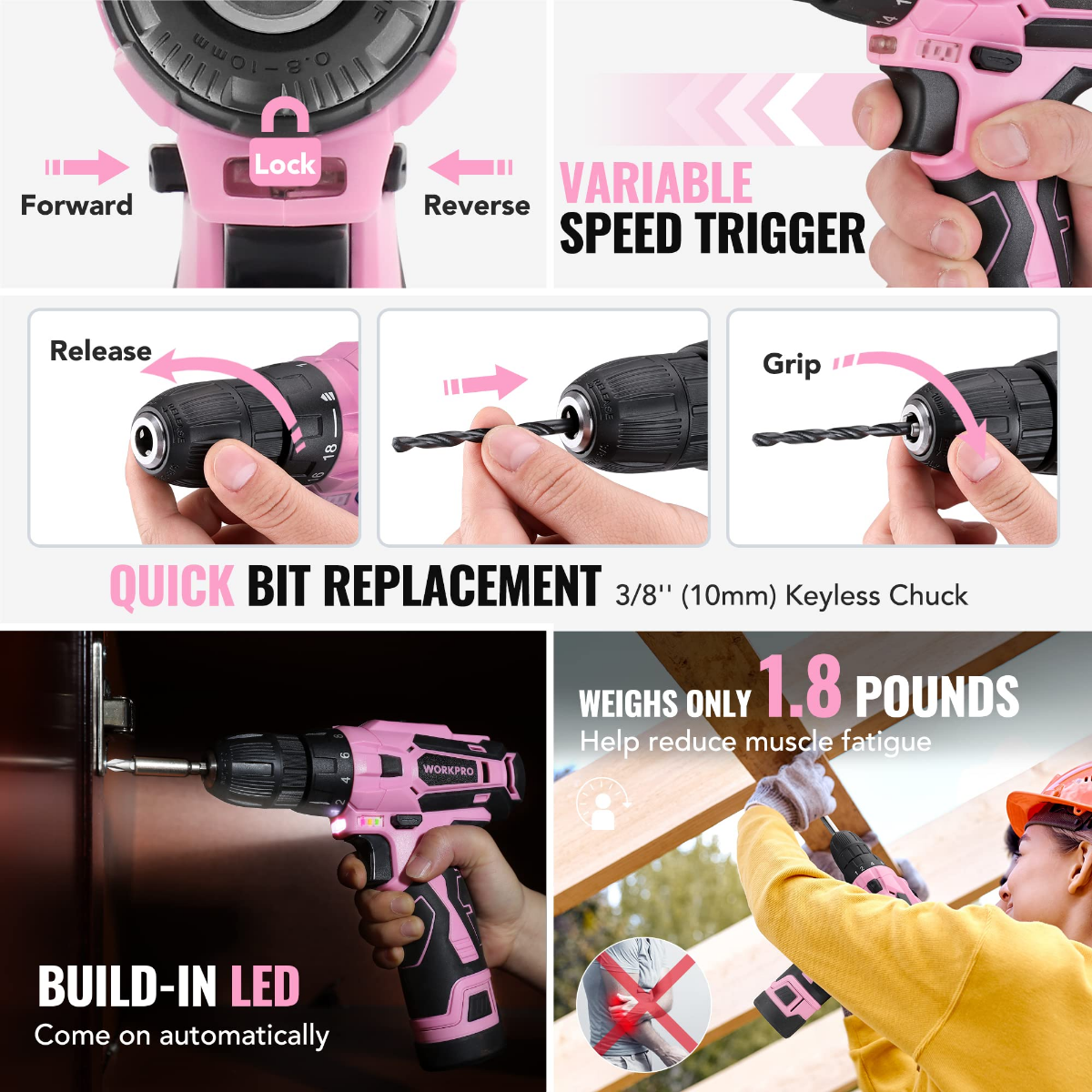 WORKPRO 108-Piece Portable Tool Set with Power Drill - Pink Ribbon - Image 5