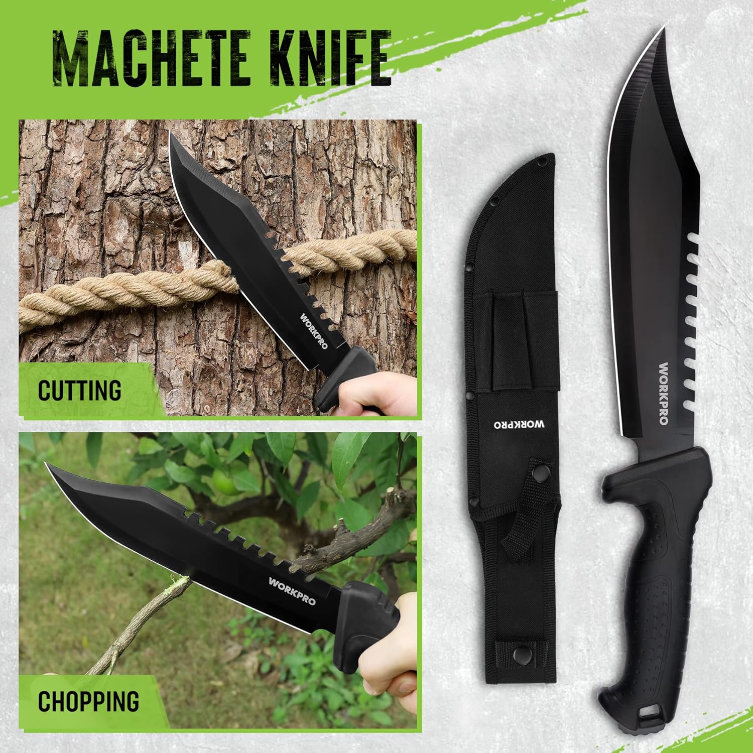 WORKPRO Machete and Camping Hatchet Set with Sheath | Camping Axe, Fixed Blade Hunting Knives, Paracord Handle, Headlamp, Flint Included, Camping Survival Tool Set - Image 4