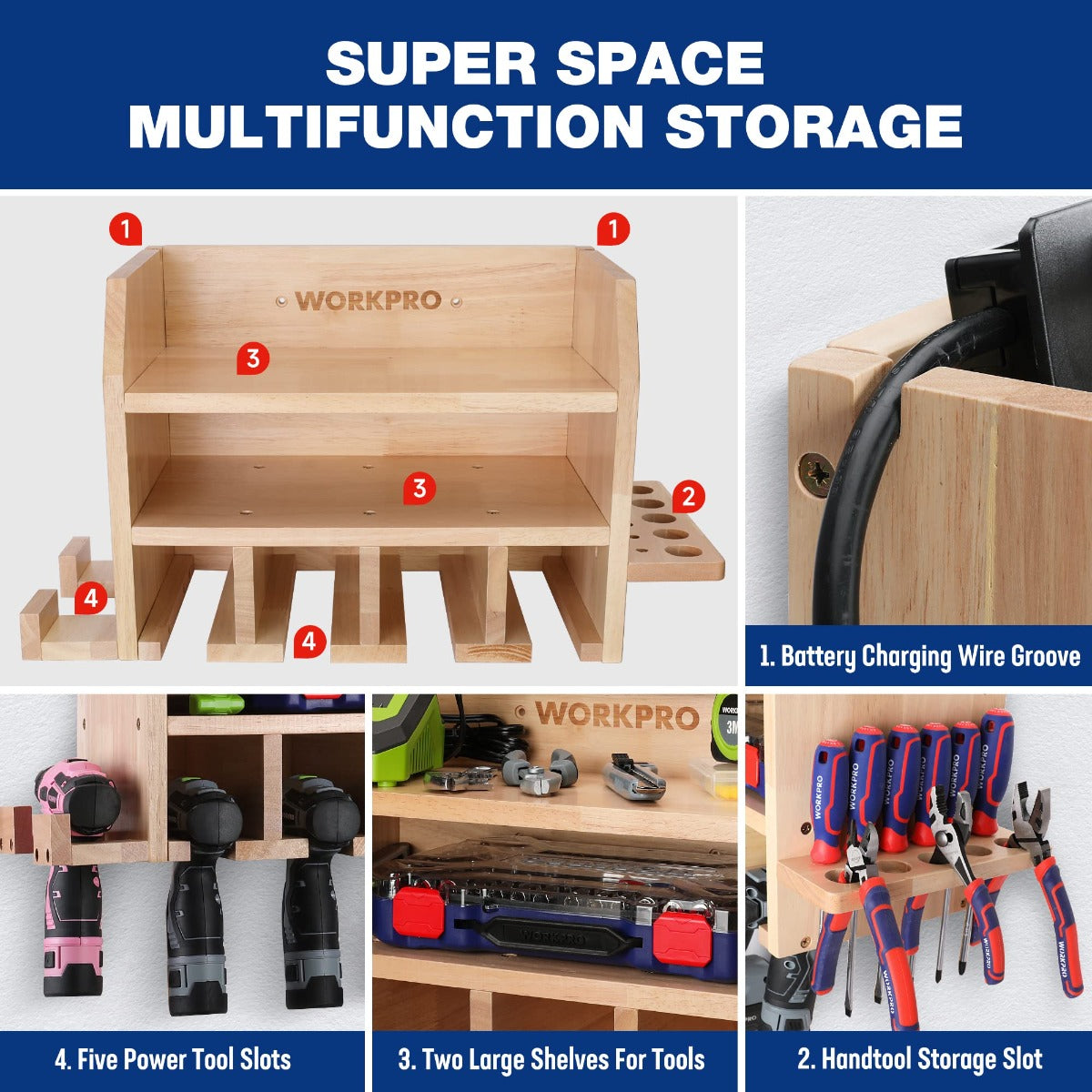 WORKPRO Power Tool Organizer, Cordless Drill Holder Storage Wall Mount with 5 Drill Hanging Slots, Solid Wooden Tool Storage - Image 3