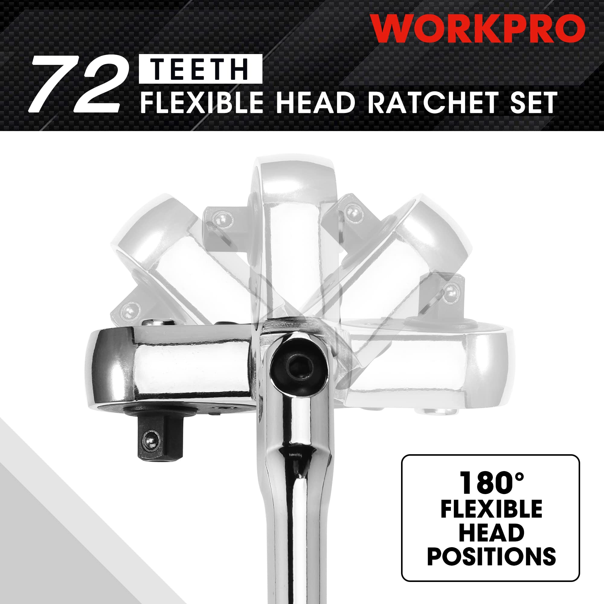 WORKPRO 4 Pcs Flex Head Ratchet Set, 1/4", 3/8", 1/2" Drive, 3/8" Stubby - Image 3