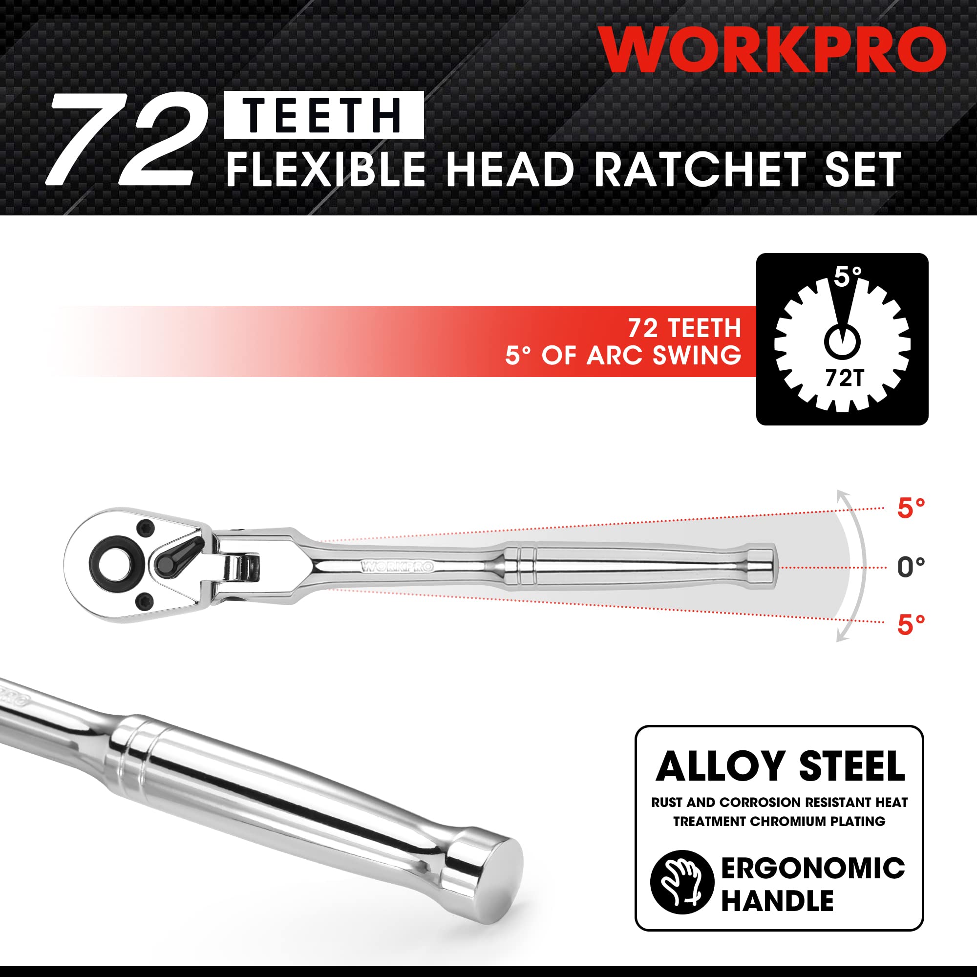 WORKPRO 4 Pcs Flex Head Ratchet Set, 1/4", 3/8", 1/2" Drive, 3/8" Stubby - Image 4