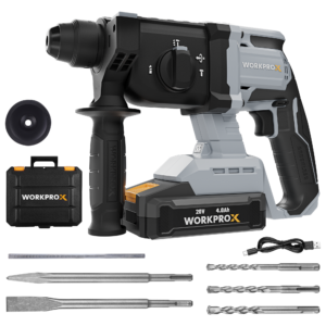 WORKPROX 20V Cordless Rotary Hammer Drill, 7/8" SDS-Plus, 2.0J Hammer Drill for Concrete with 4 Functions, Brushless Motor, 4.0Ah Battery & LED Light, Lightweight SDS Hammer Drill for Home Use
