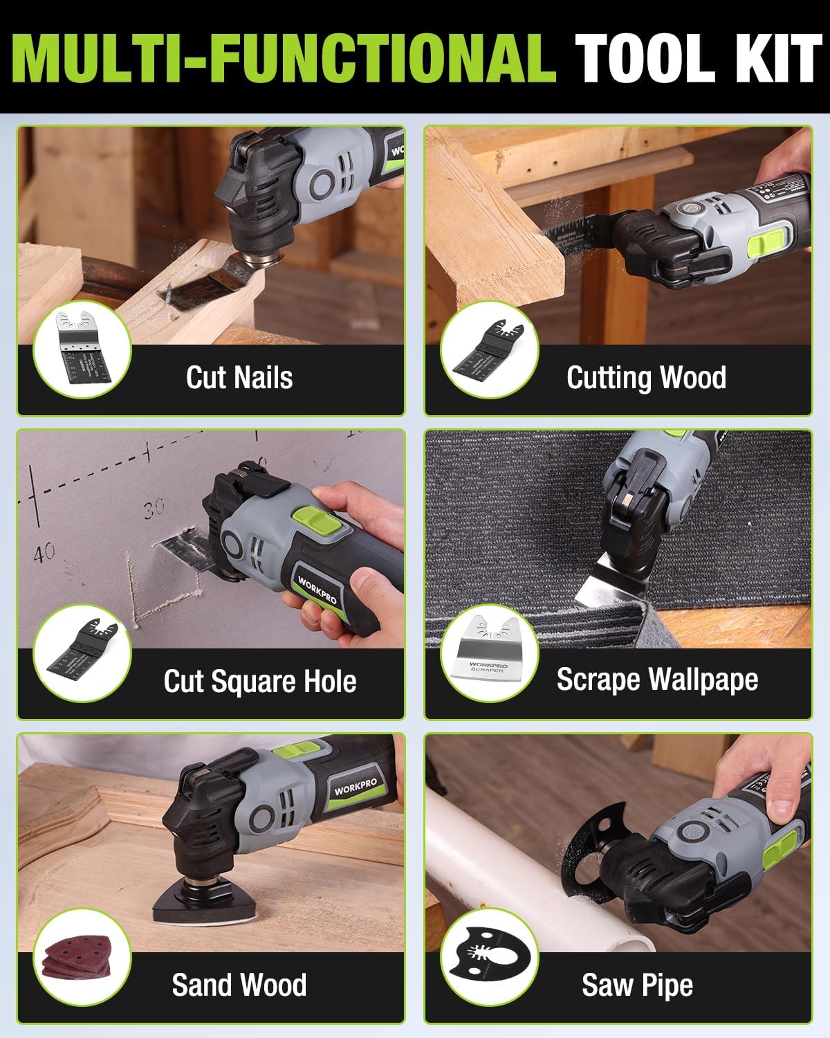 WORKPRO 400W Oscillating Multi-Tool, 6-Speed Corded Power Saw with LED Light, Quick Blade Change, 3.5° Oscillation Angle, 23 Accessories for Cutting, Sanding, Scraping - Image 8