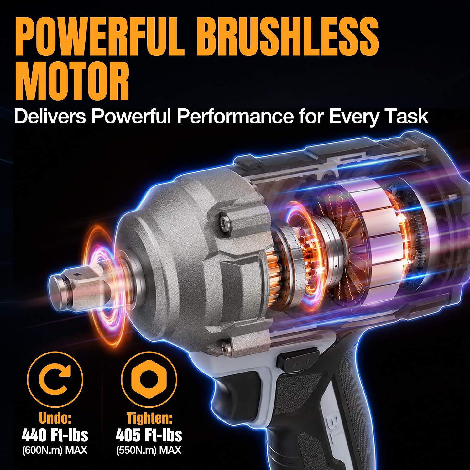WORKPROX 20V Cordless Impact Wrench Brushless, 440 Ft-Ibs 1/2 Impact Gun | 600N.m High Torque Electric Impact Driver for Car Tire Change, Mower, Pickup & Home Repair, 3 Speeds, LED, 4 Sockets - Image 2