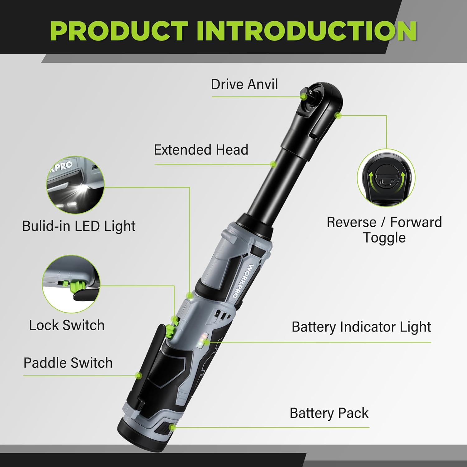 WORKPRO 12V 40 Ft-lbs Power Ratchet Wrench Kit with 10-Piece Socket Accessory Set, 1-Hour Fast Charger, 2.0Ah Lithium-Ion Batteries | 40 Ft-lbs, 10-Piece Socket Accessory Set, 1-Hour Fast Charger, 2.0Ah Lithium-Ion Batteries - Image 7