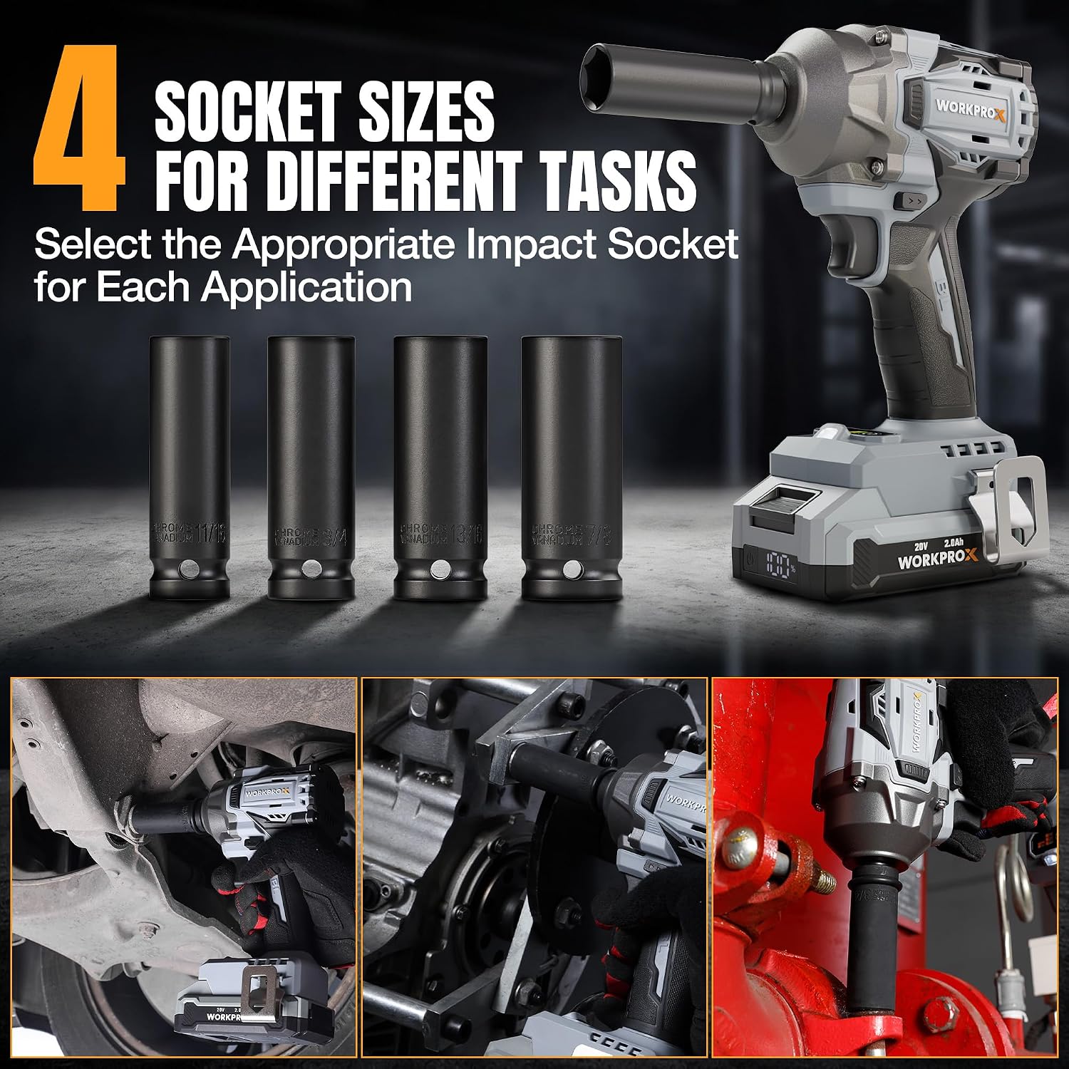WORKPROX 20V Cordless Impact Wrench Brushless, 440 Ft-Ibs 1/2 Impact Gun | 600N.m High Torque Electric Impact Driver for Car Tire Change, Mower, Pickup & Home Repair, 3 Speeds, LED, 4 Sockets - Image 7