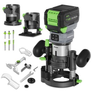 WORKPRO 20V Cordless Compact Router Tool, 6 Variable Speeds up to 30,000RPM Wood Router for Chamfering, Slotting, Trimming, with Multi-Angle Adjustable, Straight, Dual-Handle Base and Multiple Bits