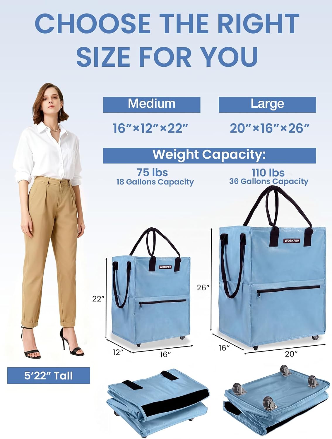 WORKPRO Medium Rolling Grocery Bag, 18-Gallon Tote with 4 Wheels, 75 lbs Capacity, Dual Carry, Wide Zipper & Extra Storage for Shopping, Laundry & Moving - Image 3